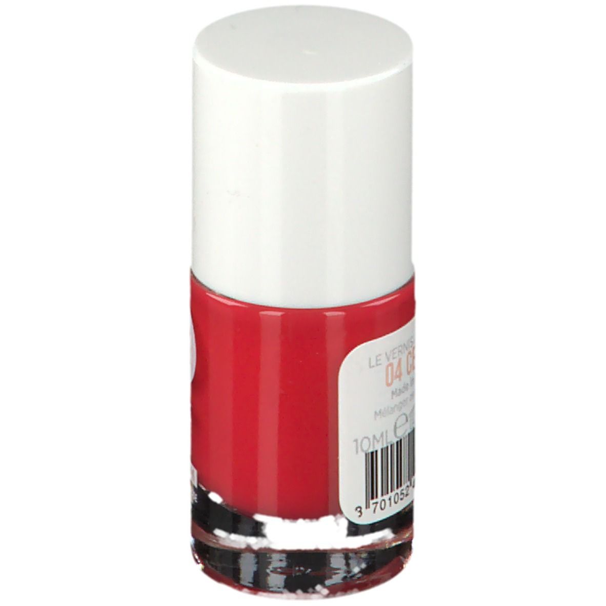 Nagellakflesje, rode vloeistof, witte dop. Achterkant met tekst en barcode. 10ml.
