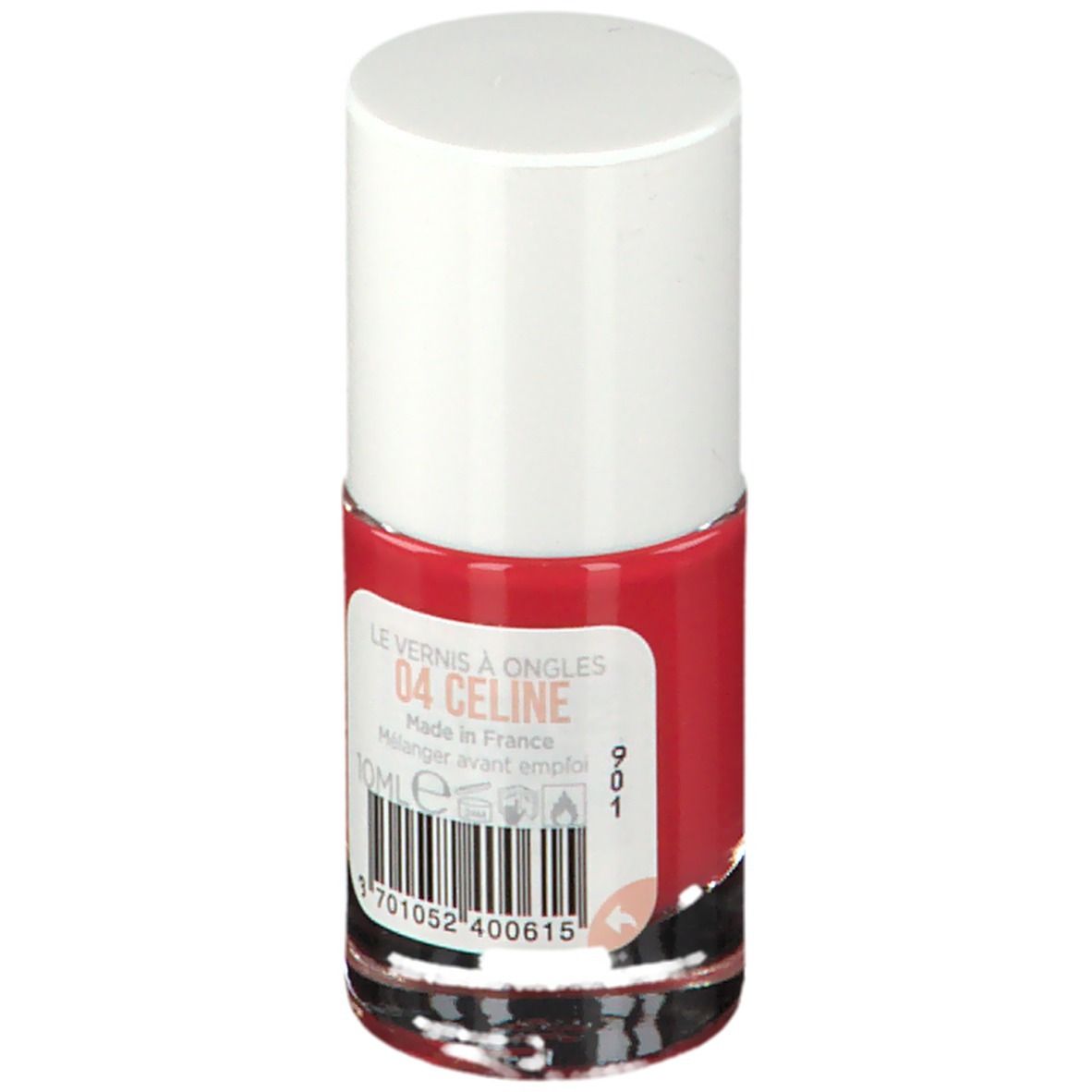 Nagellakflesje, rode vloeistof, witte dop. Label: 04 Celine, Made in France, 10ml.