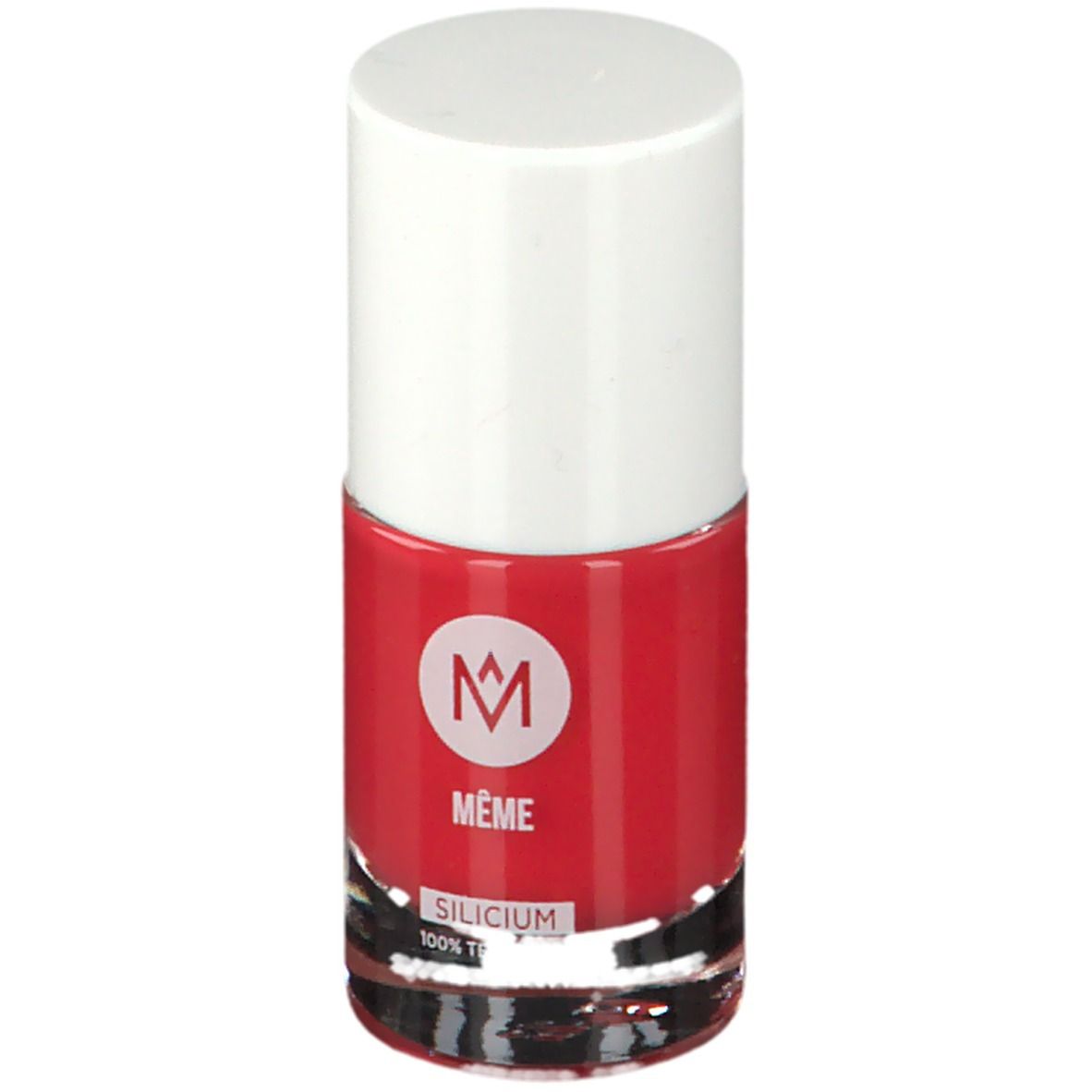 Nagellakflesje met rode vloeistof en witte dop. Label: MÊME, Silicium, 100% T.