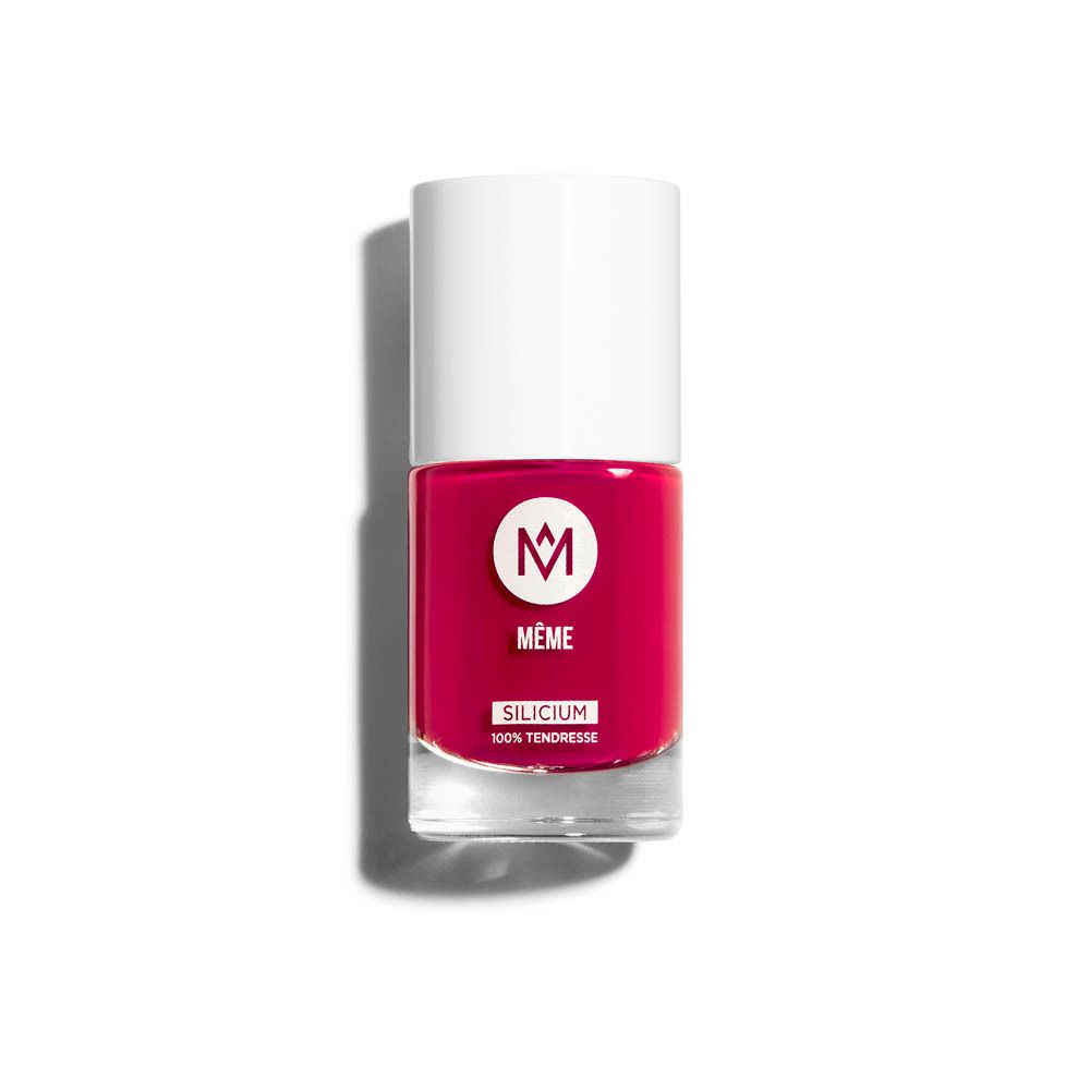 Flacon de vernis à ongles rouge avec bouchon blanc. Inscription "MÊME" et "SILICIUM".