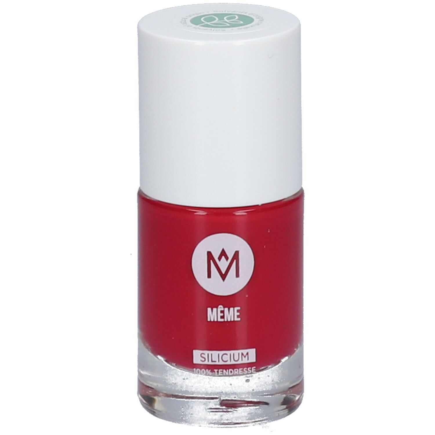 Flacon de vernis à ongles rouge avec bouchon blanc. Inscription "MÊME" et "SILICIUM".