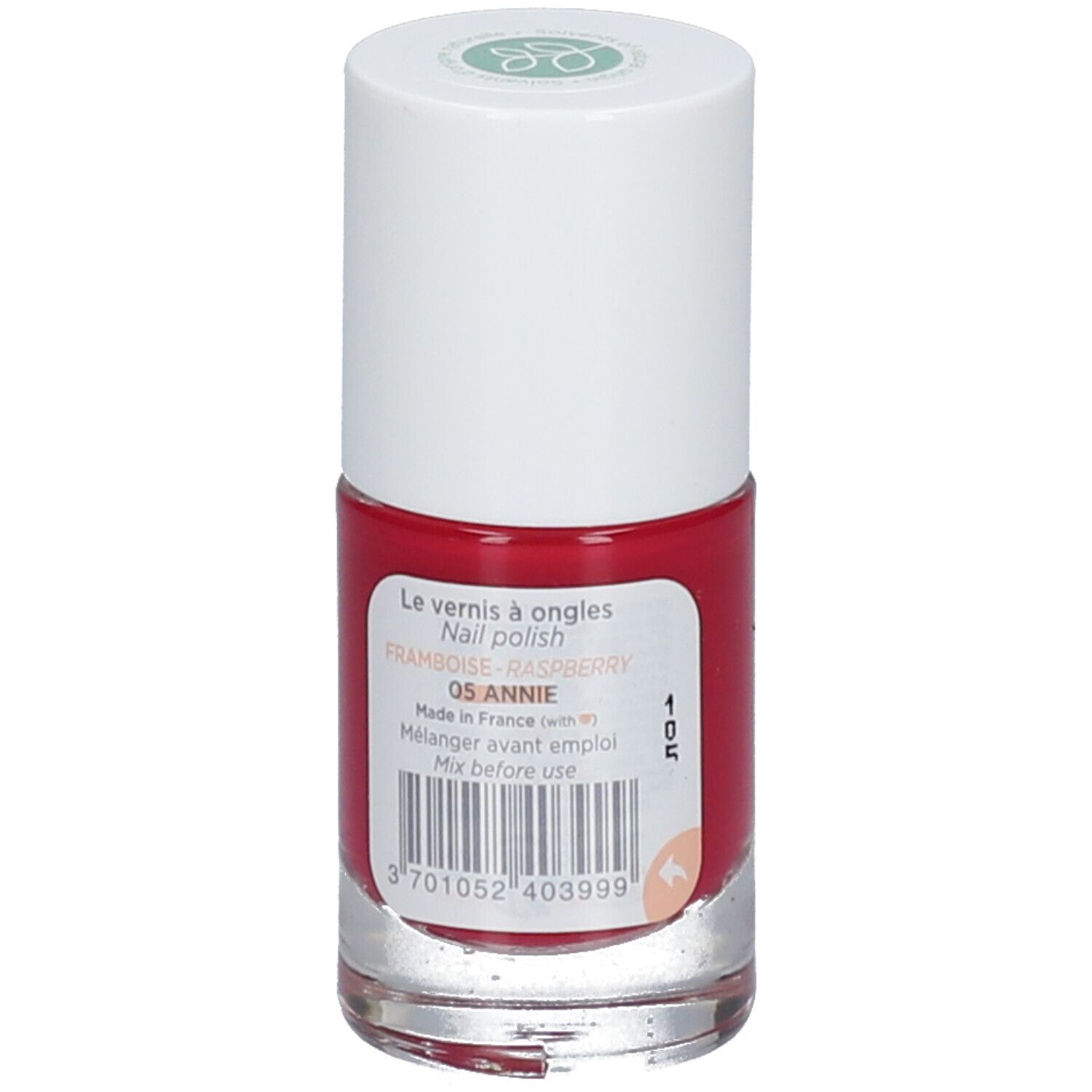 Flacon de vernis à ongles rouge avec bouchon blanc. Inscription "Framboise-Raspberry 05 Annie".