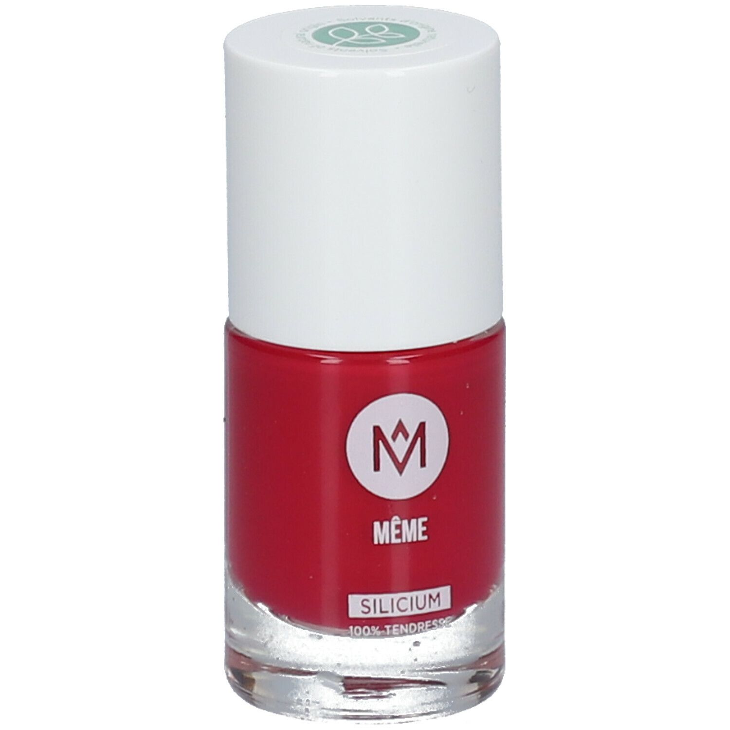 Flacon de vernis à ongles rouge avec bouchon blanc. Inscription "MÊME" et "SILICIUM".