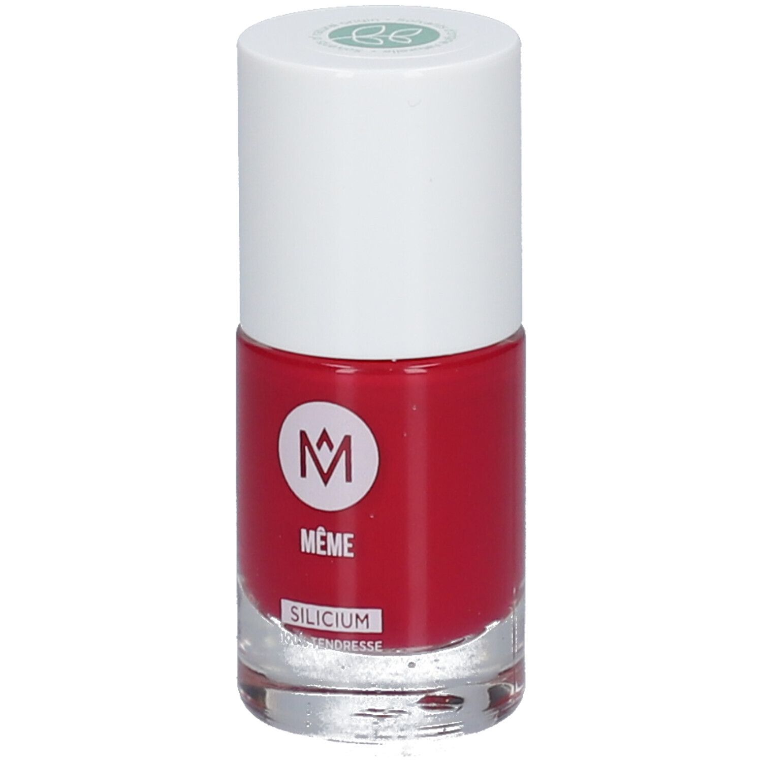 Flacon de vernis à ongles rouge avec bouchon blanc. Inscription "MÊME" et "SILICIUM".