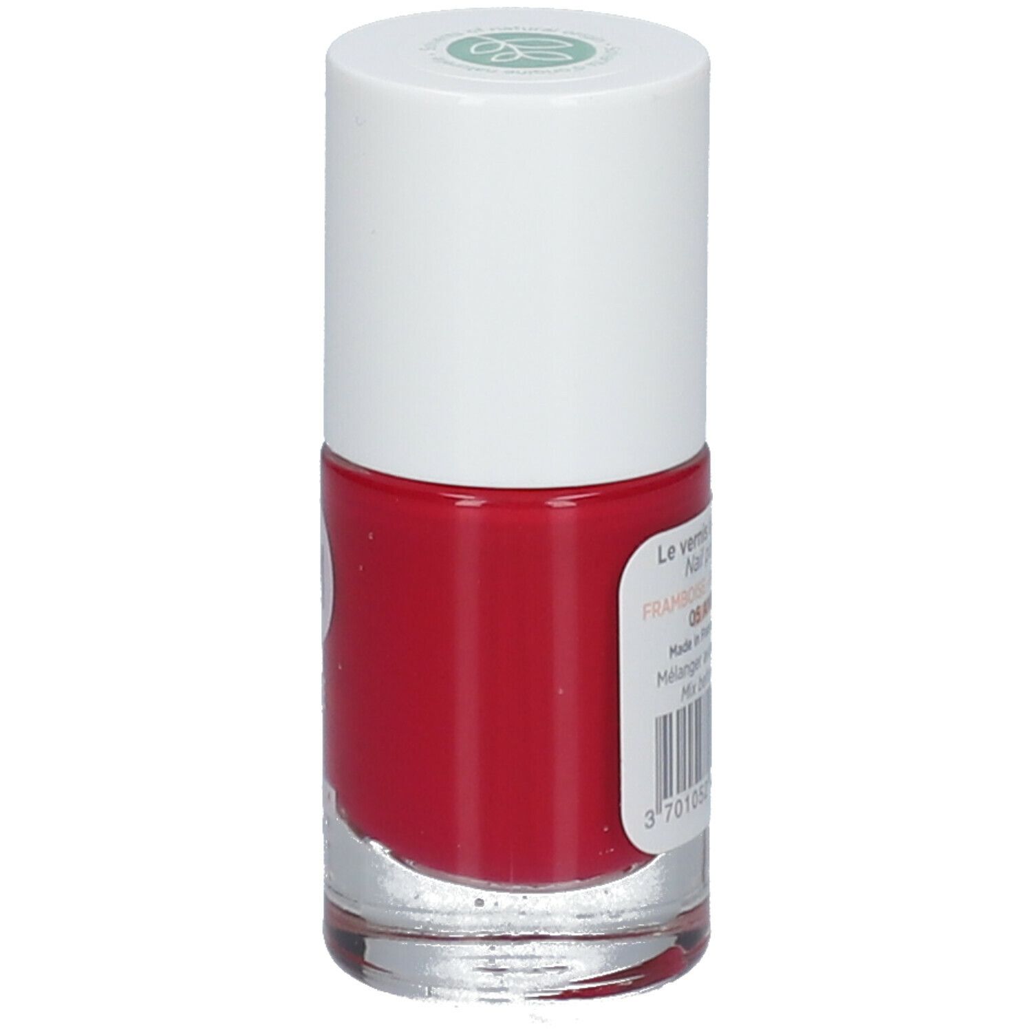 Flacon de vernis à ongles rouge avec bouchon blanc. Inscription "Framboise 05".