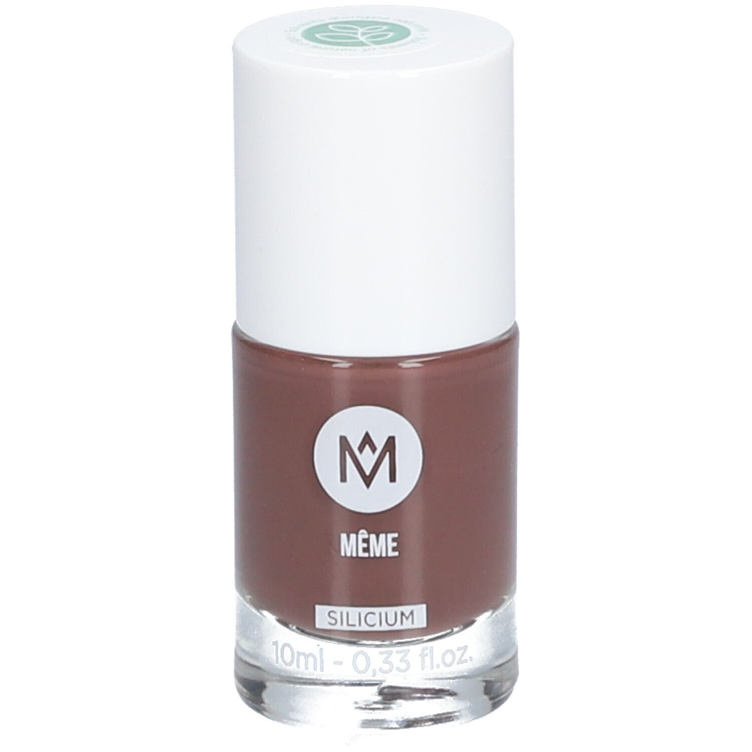 Nagellakfles met bruine inhoud en witte dop. Het MÊME-logo en de tekst SILICIUM zijn zichtbaar op de fles.