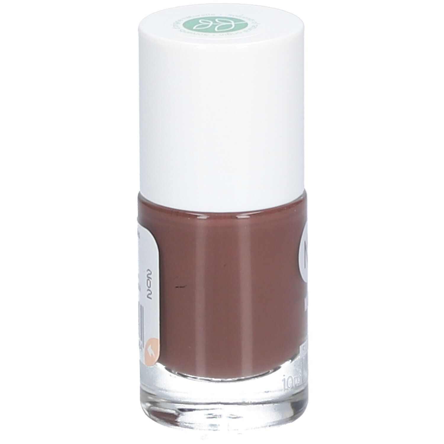 Nagellakfles met bruine inhoud en witte dop. Het MÊME-logo en de tekst SILICIUM zijn zichtbaar op de fles.