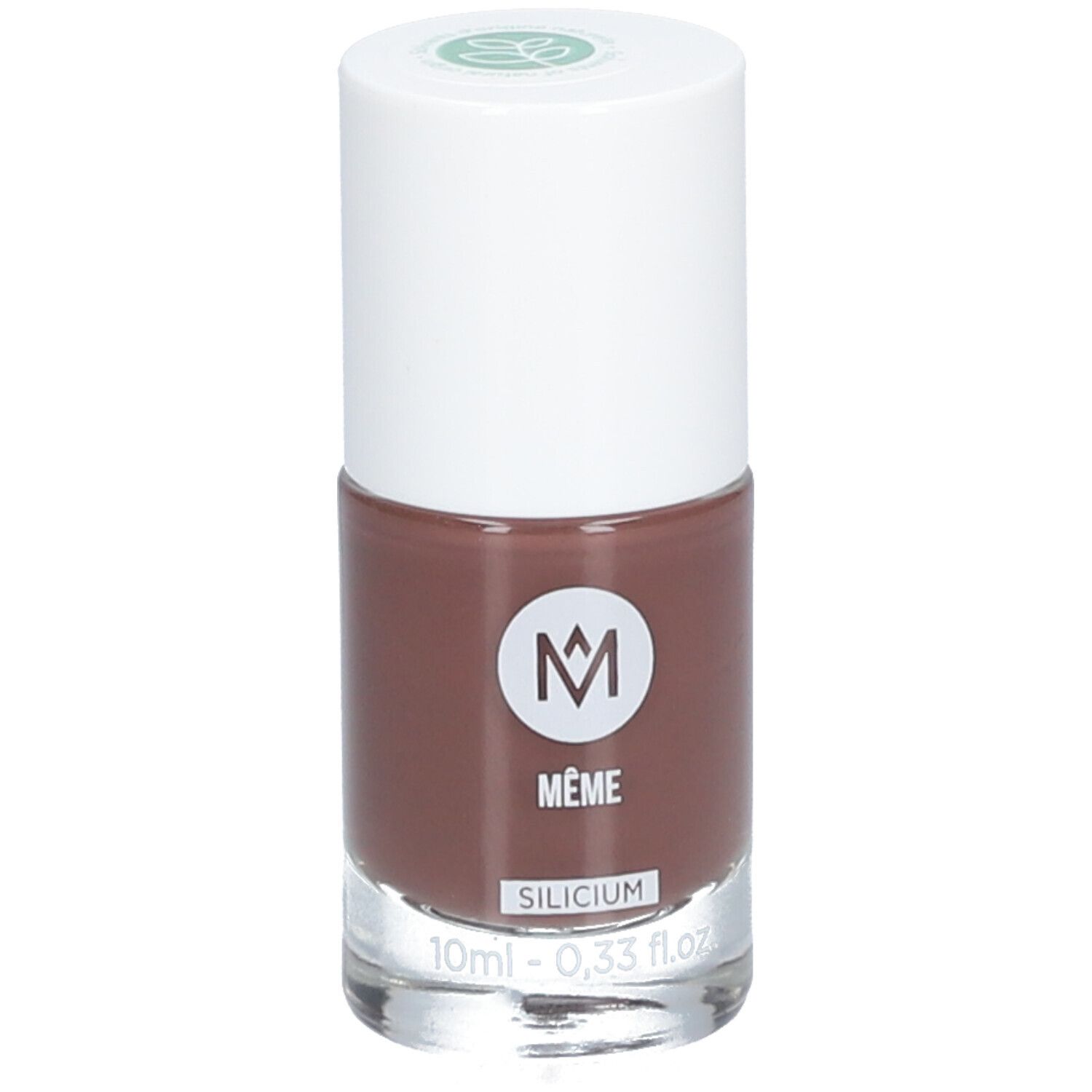 Nagellakfles met bruine inhoud en witte dop. Het MÊME-logo en de tekst SILICIUM zijn zichtbaar op de fles.