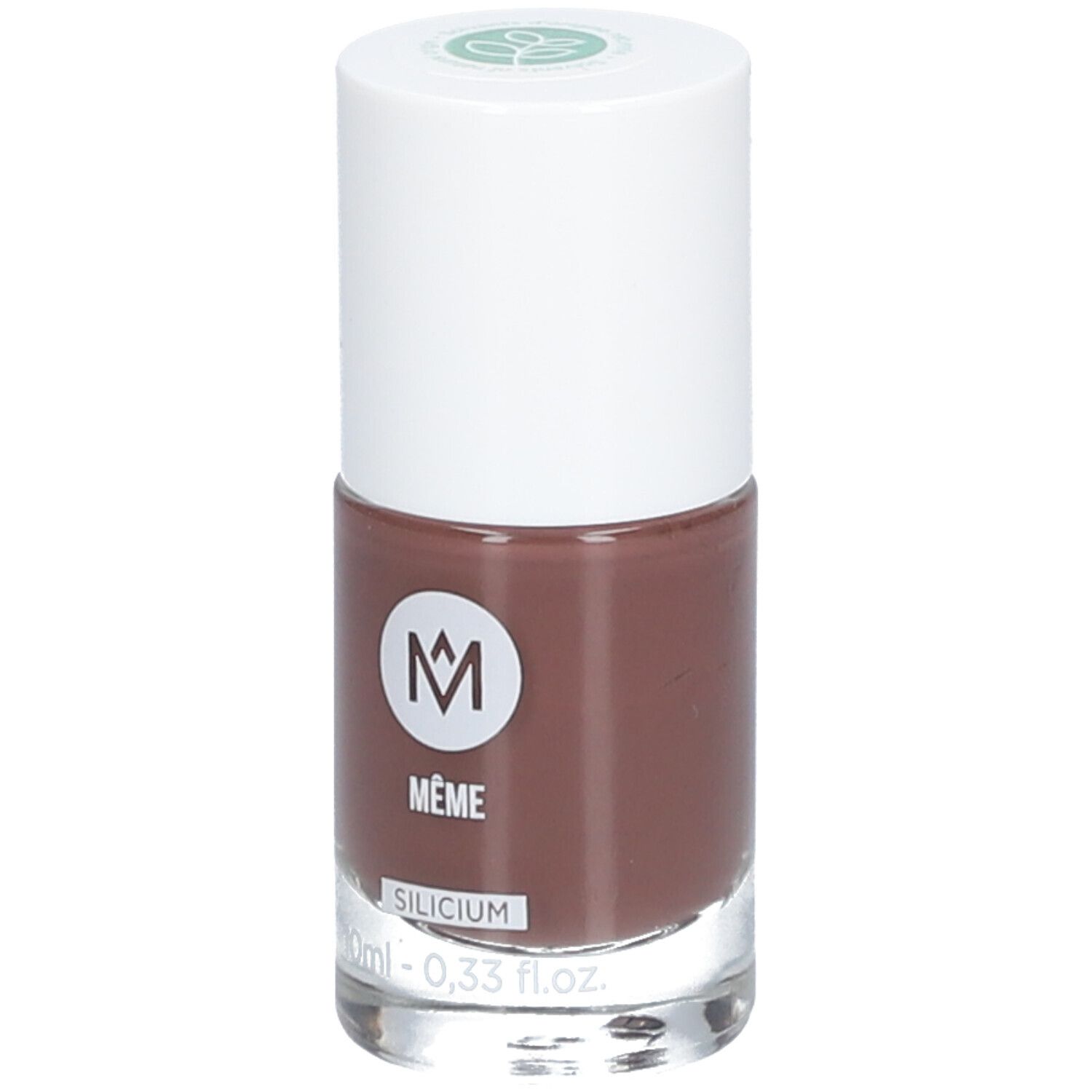 Nagellakfles met bruine inhoud en witte dop. Het MÊME-logo en de tekst SILICIUM zijn zichtbaar op de fles.