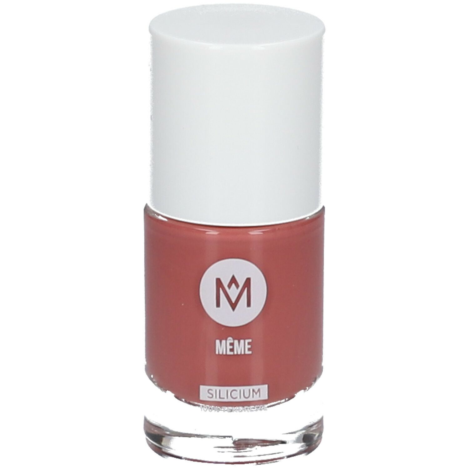 Nagellakfles met witte dop. Roze nagellak. Opschrift: MÊME, SILICIUM.