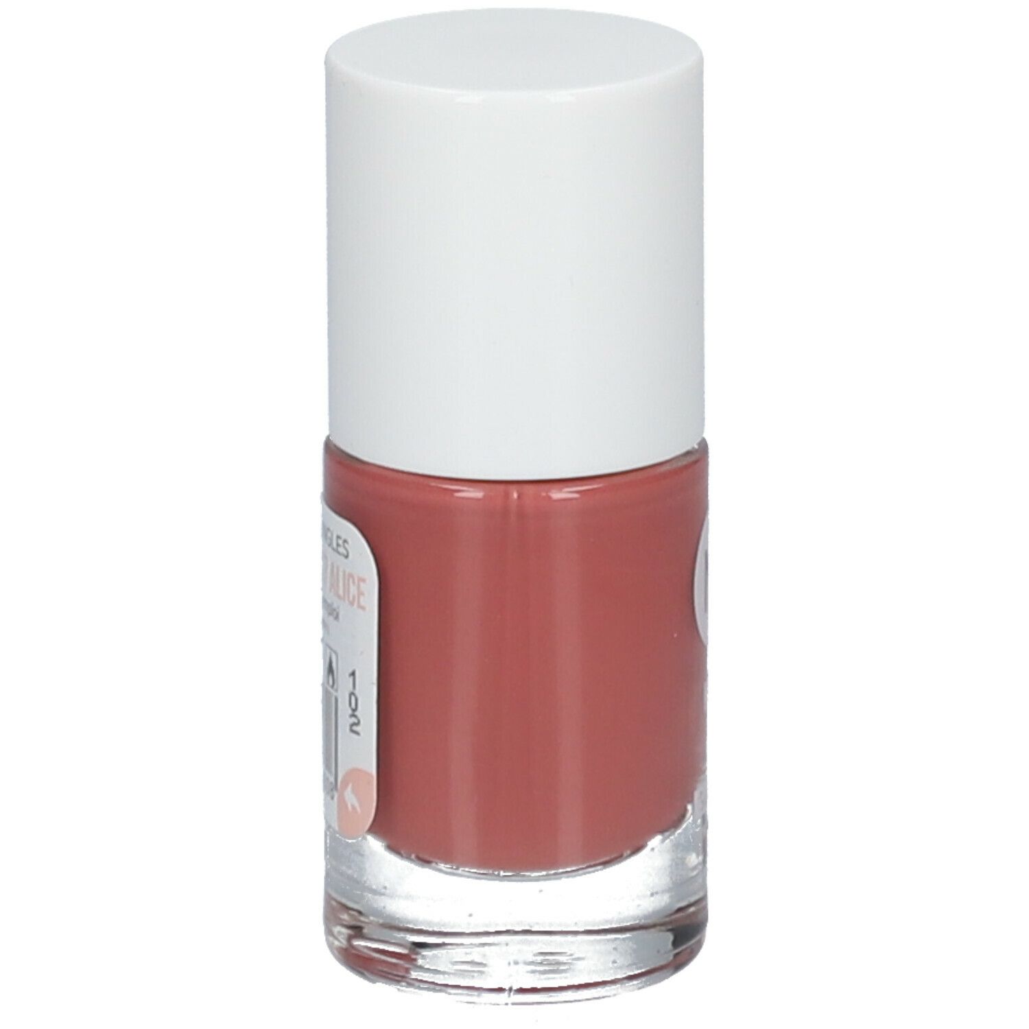 Nagellakfles met witte dop. Roze nagellak. Opschrift: 102.