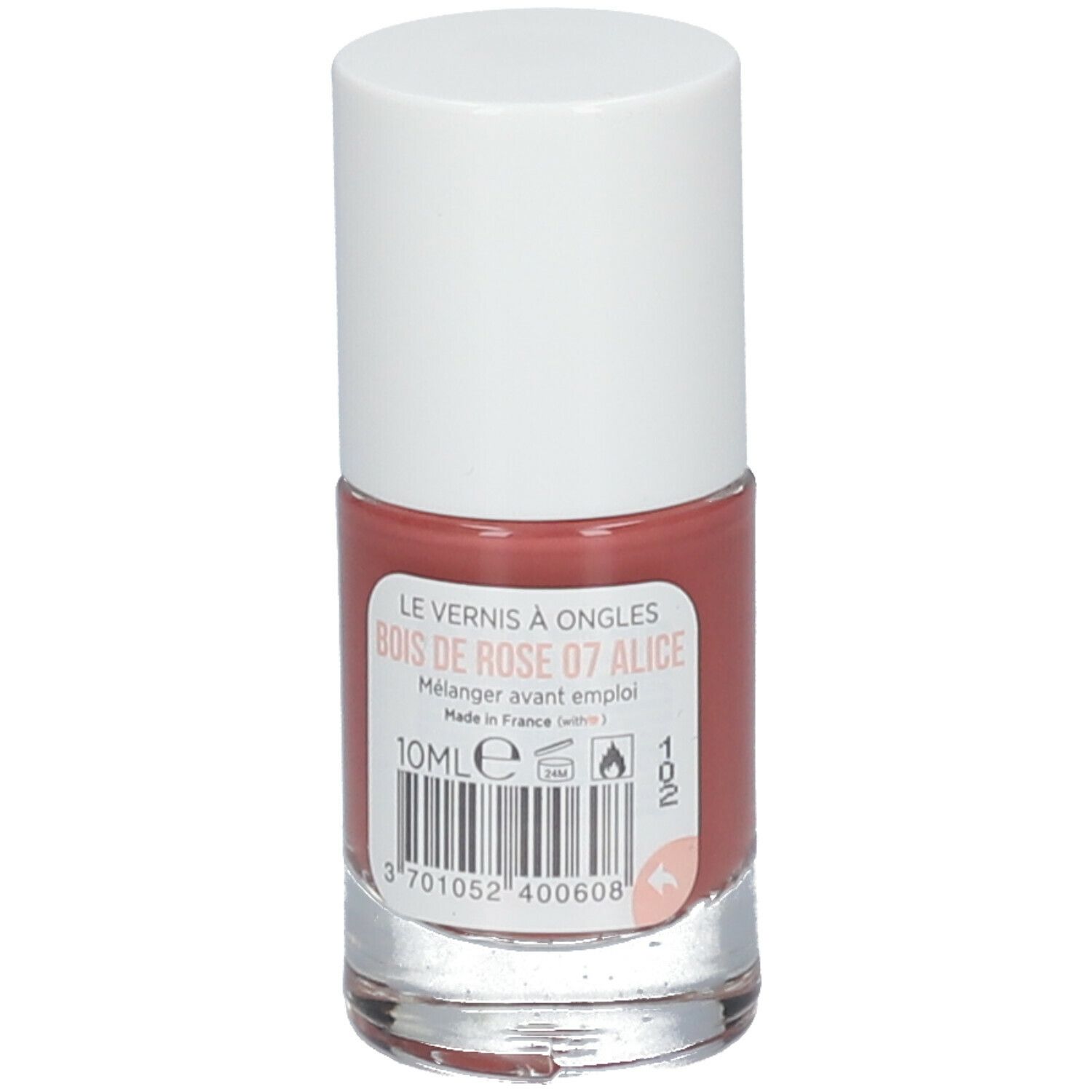 Nagellakfles met witte dop. Roze nagellak. Opschrift: LE VERNIS À ONGLES, BOIS DE ROSE D7 ALICE, 10ML.