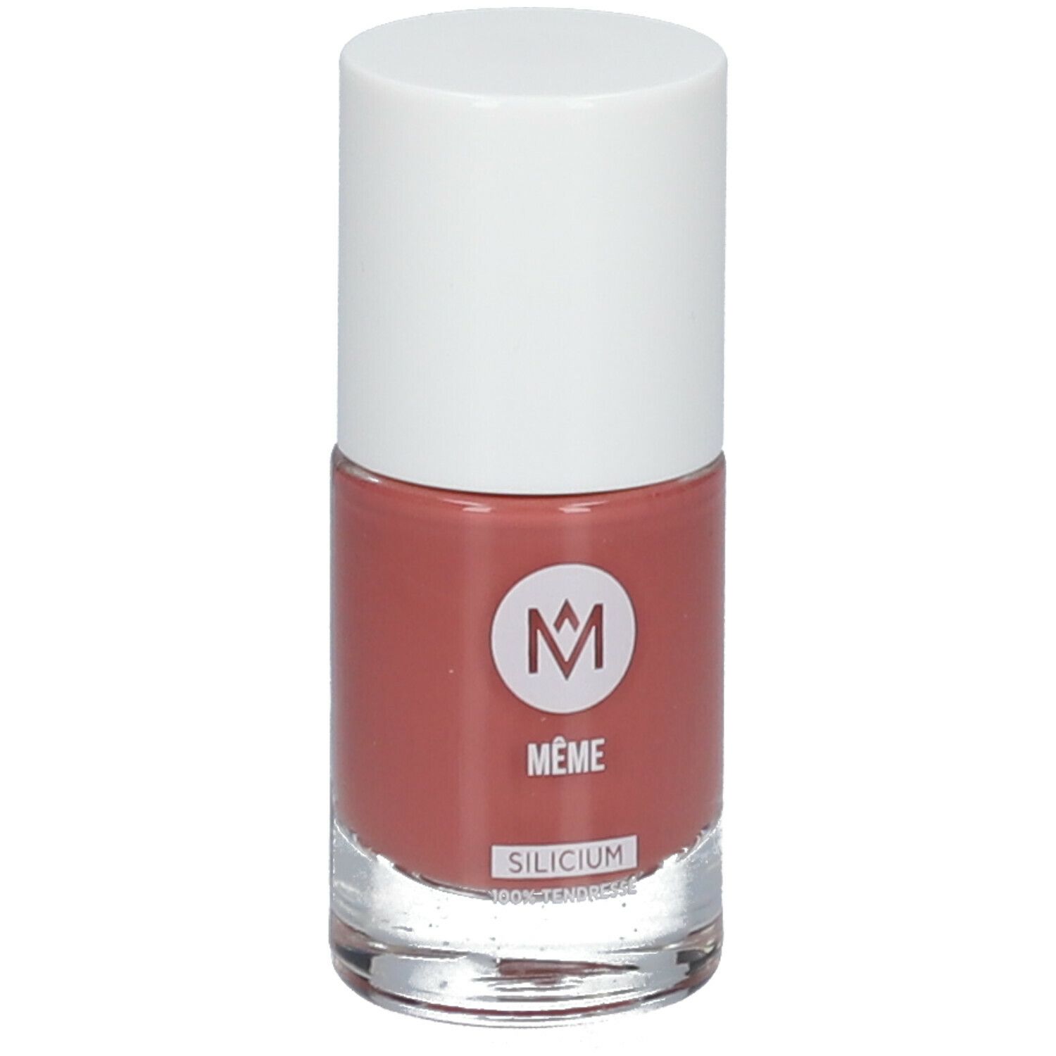 Nagellakfles met witte dop. Roze nagellak. Opschrift: MÊME, SILICIUM.