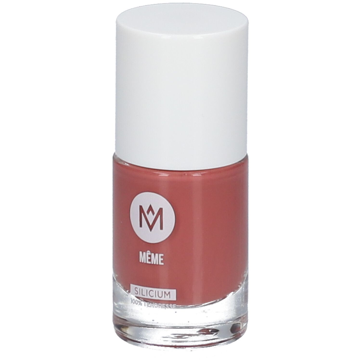 Nagellakfles met witte dop. Roze nagellak. Opschrift: MÊME, SILICIUM.
