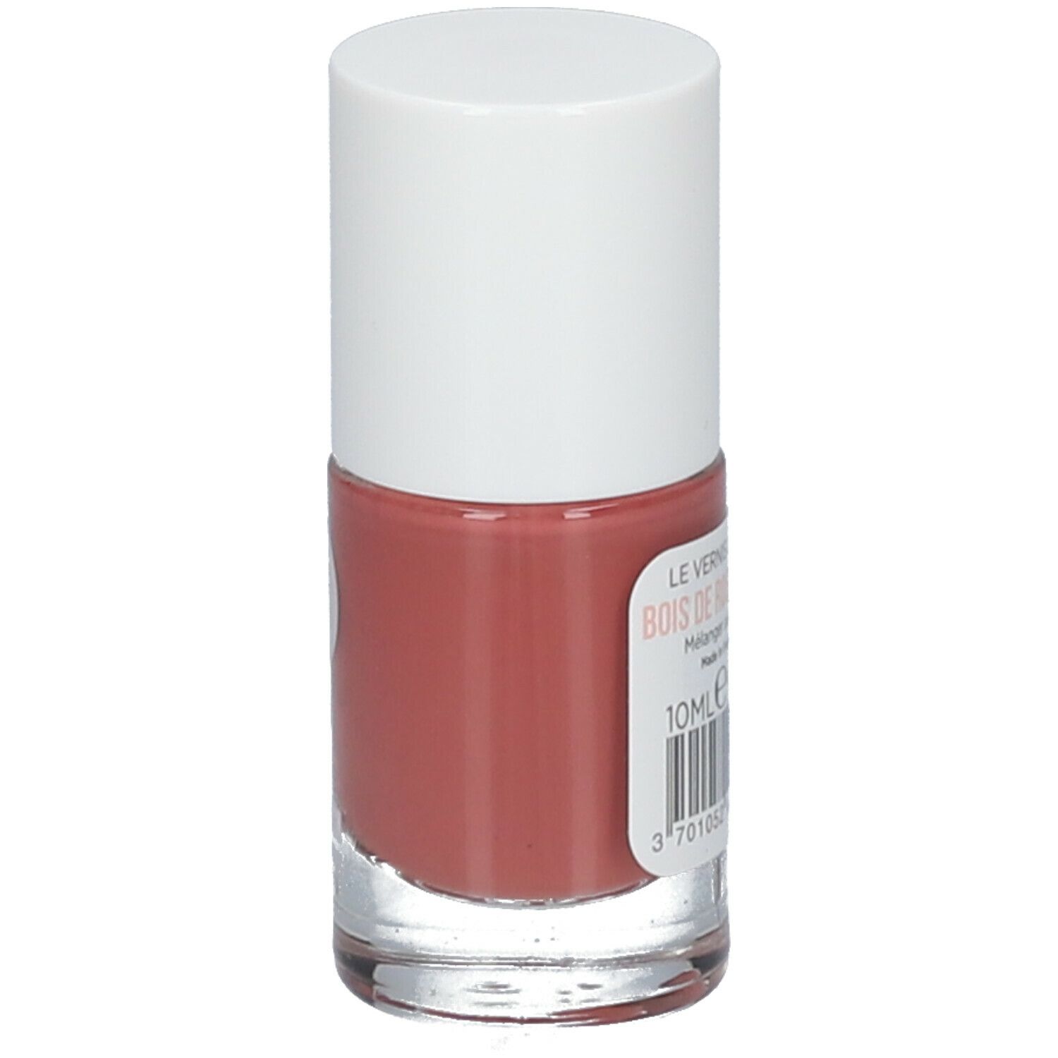 Nagellakfles met witte dop. Roze nagellak. Opschrift: LE VERNIS À ONGLES, BOIS DE ROSE D7 ALICE, 10ML.