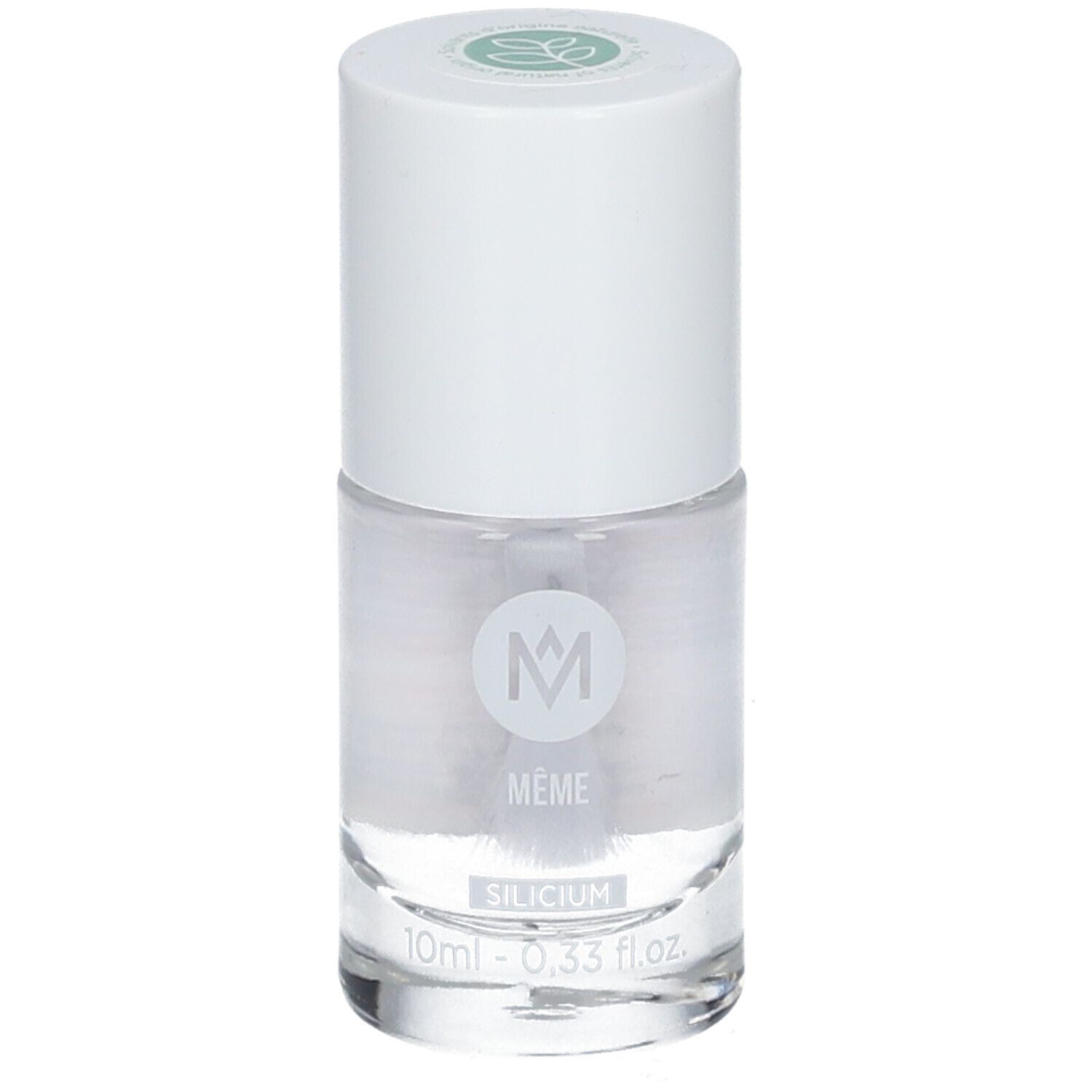 Transparante nagellakfles met witte dop. Opschrift: MÊME, SILICIUM, 10ml - 0,33 fl.oz.