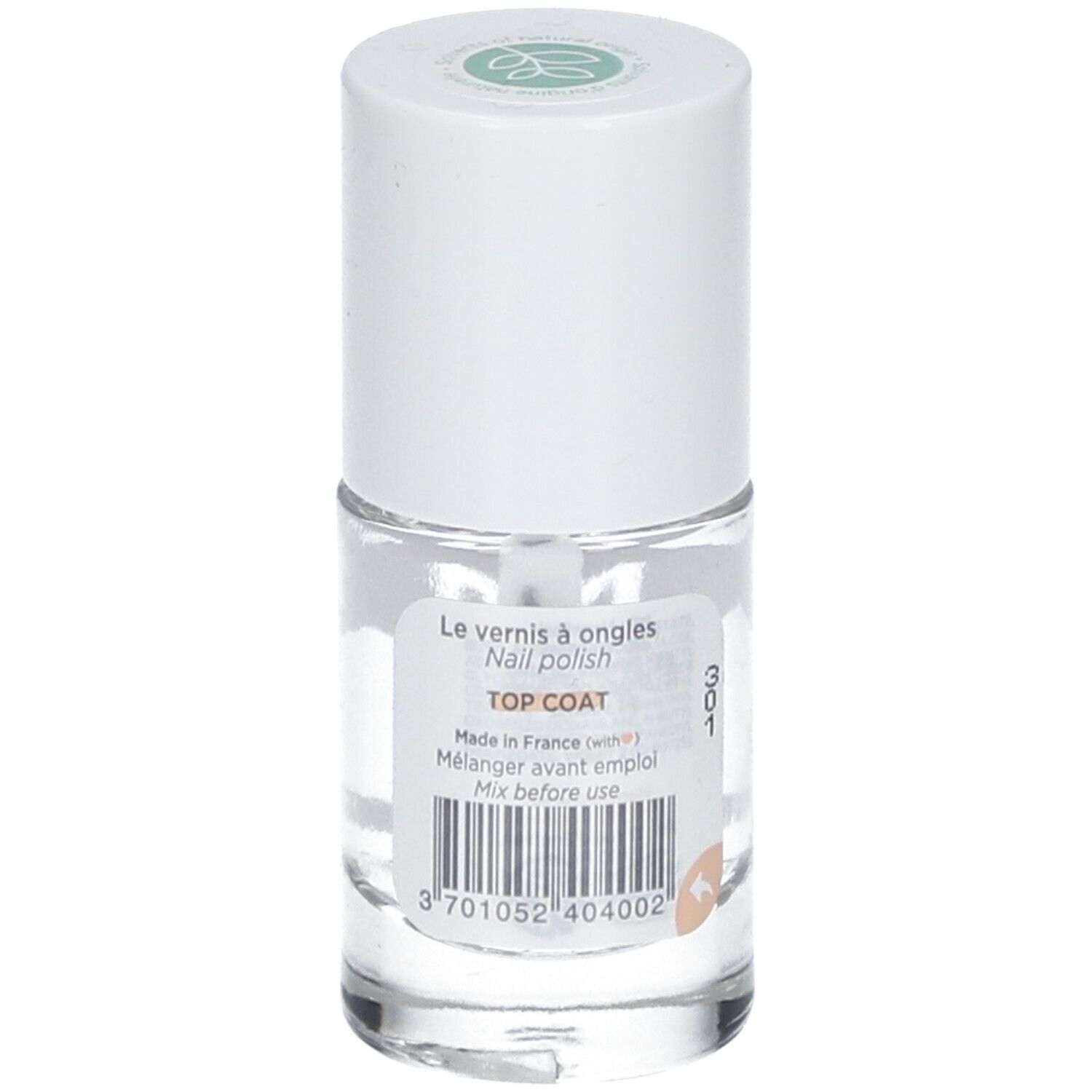 Nagellakfles met witte dop. Opschrift: MÊME, Top Coat, Made in France. Streepjescode.