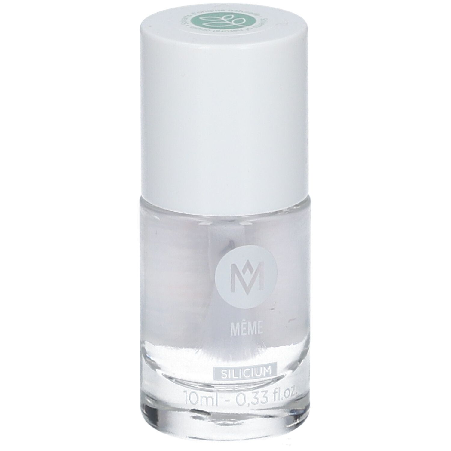 Transparante nagellakfles met witte dop. Opschrift: MÊME, SILICIUM, 10ml - 0,33 fl.oz.