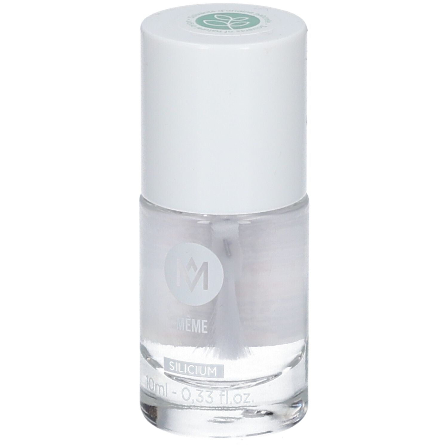 Transparante nagellakfles met witte dop. Opschrift: MÊME, SILICIUM, 10ml - 0,33 fl.oz.