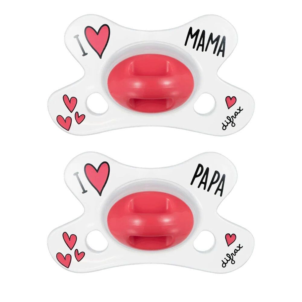 Deux sucettes rouges. Inscription "I love Mama" et "I love Papa". Marque difrax.