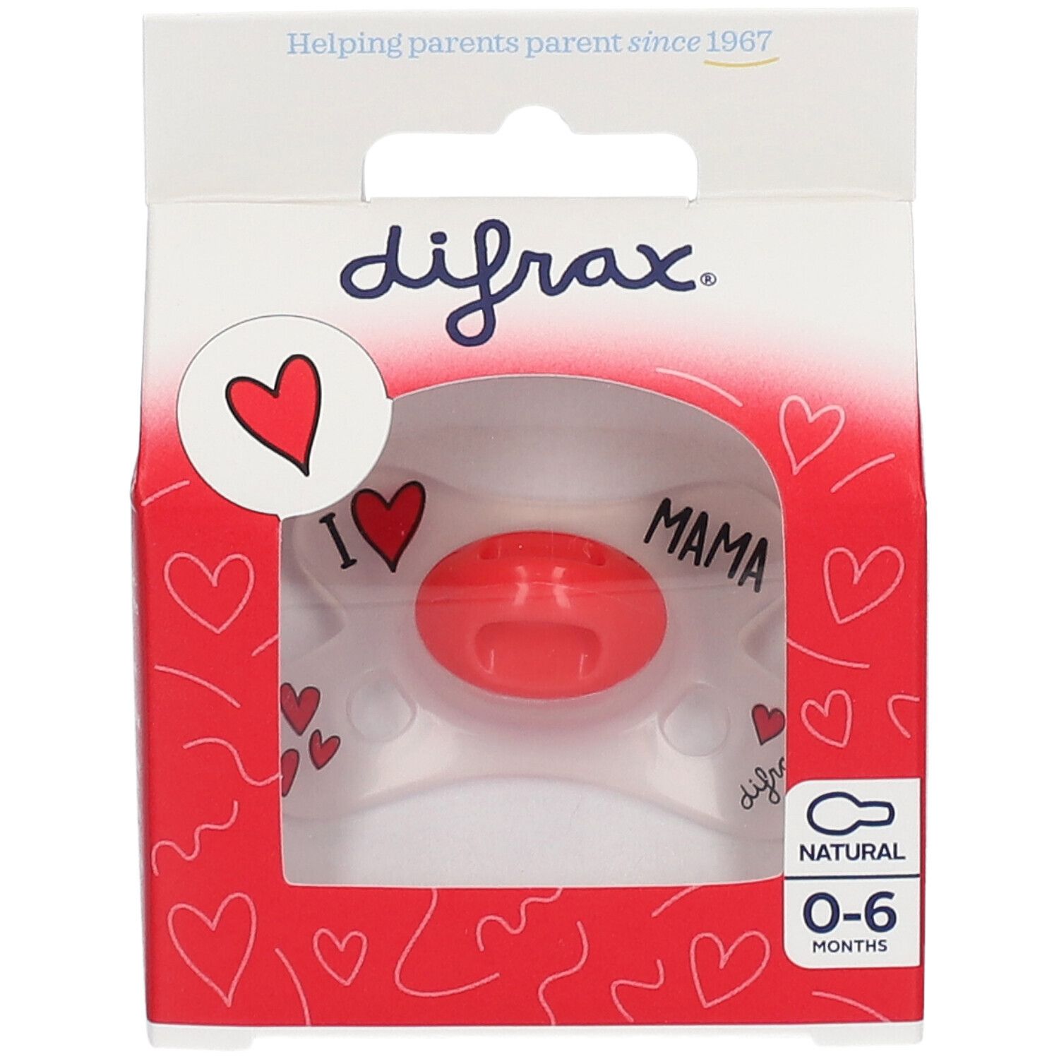 Emballage avec sucette. Sucette rouge avec "I love Mama". Marque difrax. 0-6 mois.