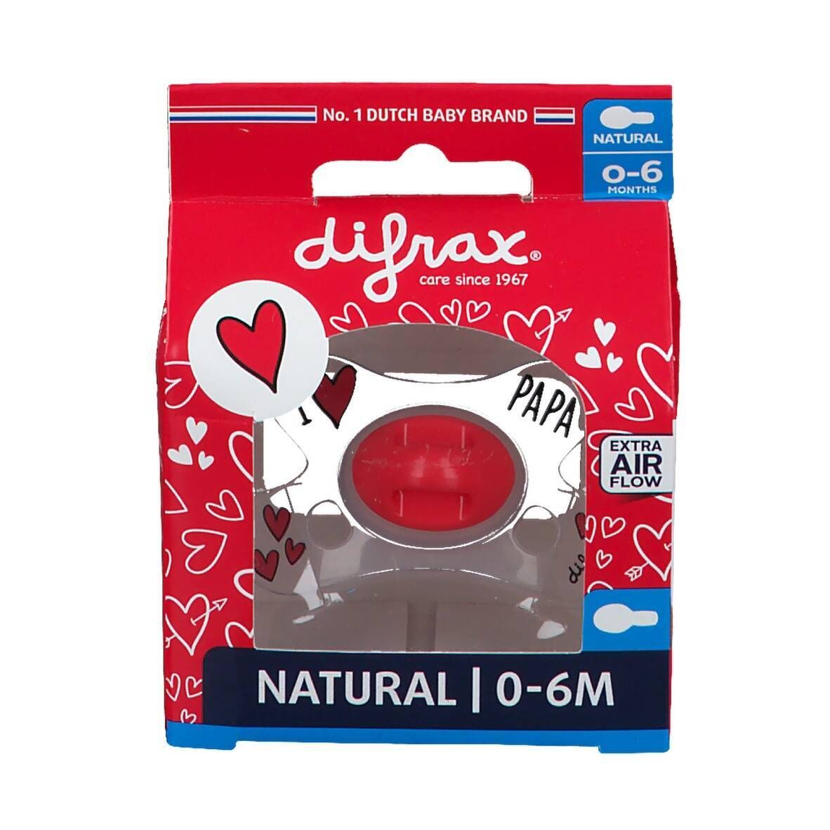 Emballage avec sucette. Sucette rouge avec "I love Papa". Marque difrax. 0-6M.