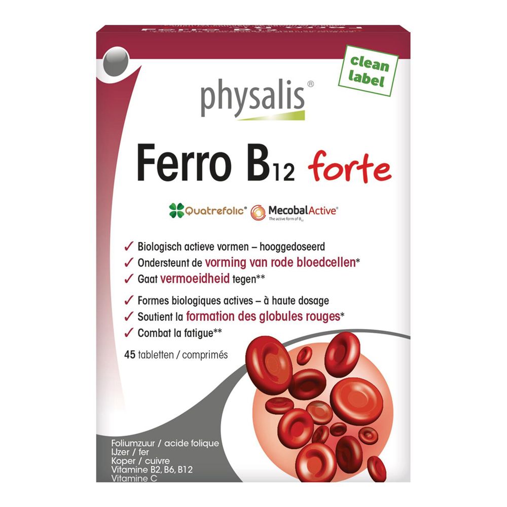 Kartonverpackung von physalis® Ferro B12 forte. Rote und weiße Schrift. Enthält 45 Tabletten. Mit dem Clean Label.