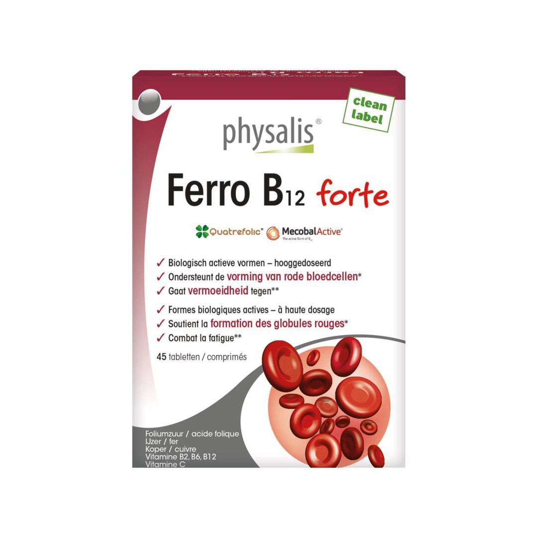 Boîte de physalis® Ferro B12 forte. Inscription rouge et blanche. Contient 45 comprimés. Avec le label Clean.