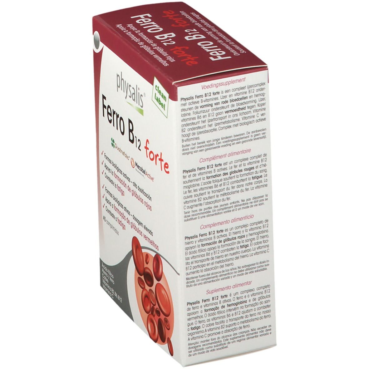 Schräg gestellte Kartonverpackung von physalis® Ferro B12 forte. Rote und weiße Schrift. Mit dem Clean Label.