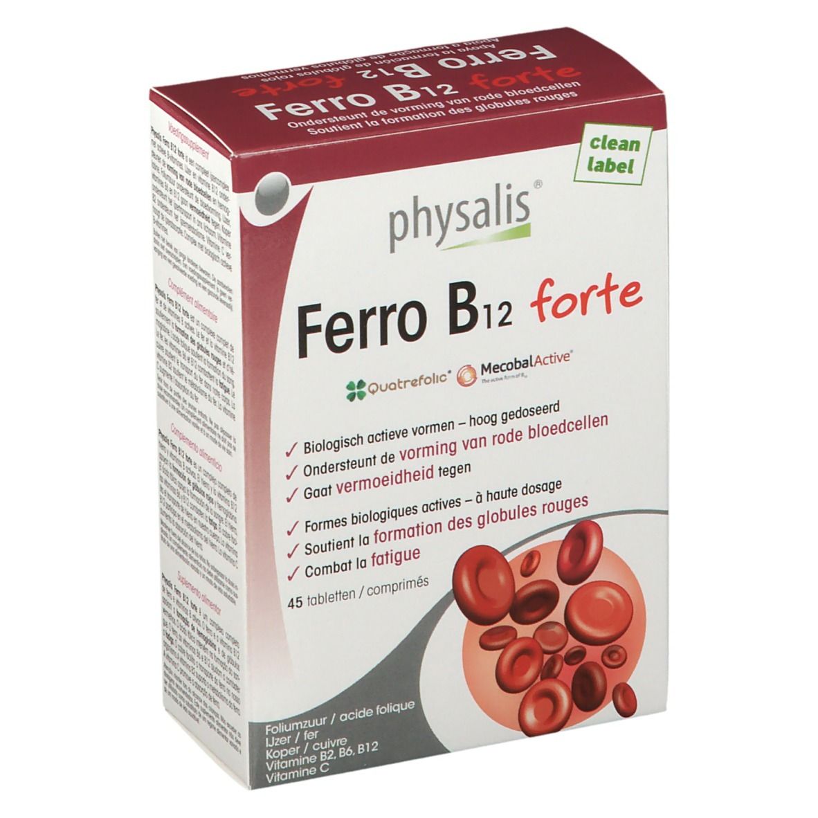 Kartonverpackung von physalis® Ferro B12 forte. Rote und weiße Schrift. Enthält 45 Tabletten. Mit dem Clean Label.