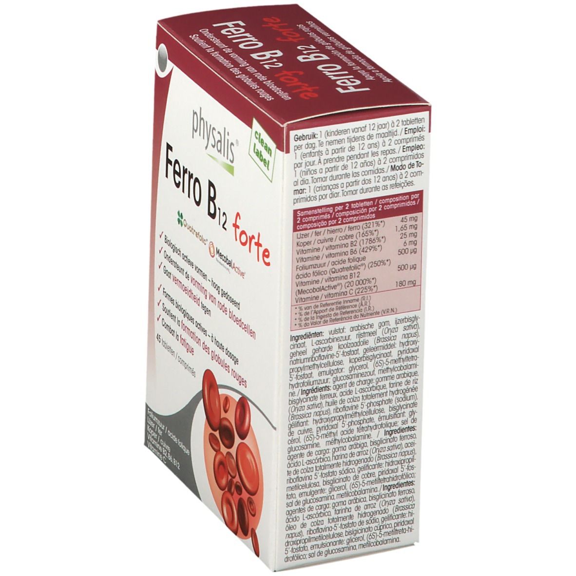 Schräg gestellte Kartonverpackung von physalis® Ferro B12 forte. Rote und weiße Schrift. Mit dem Clean Label.