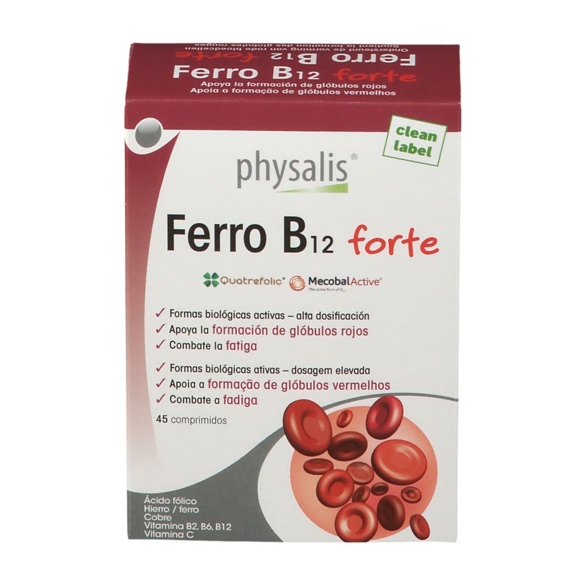 Kartonverpackung von physalis® Ferro B12 forte. Rote und weiße Schrift. Enthält 45 Tabletten. Mit dem Clean Label.