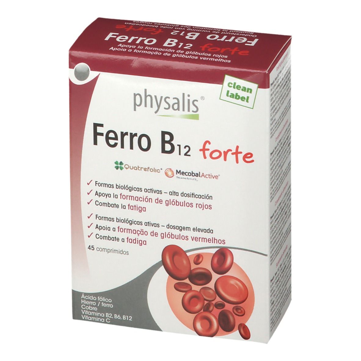 Kartonverpackung von physalis® Ferro B12 forte. Rote und weiße Schrift. Enthält 45 Tabletten. Mit dem Clean Label.