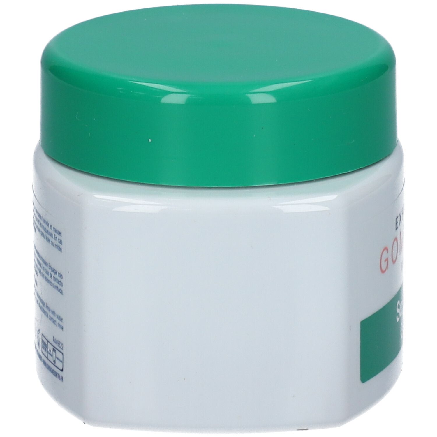 Weißer Tiegel mit grünem Deckel. Seitenansicht. Keine weitere Beschriftung sichtbar.