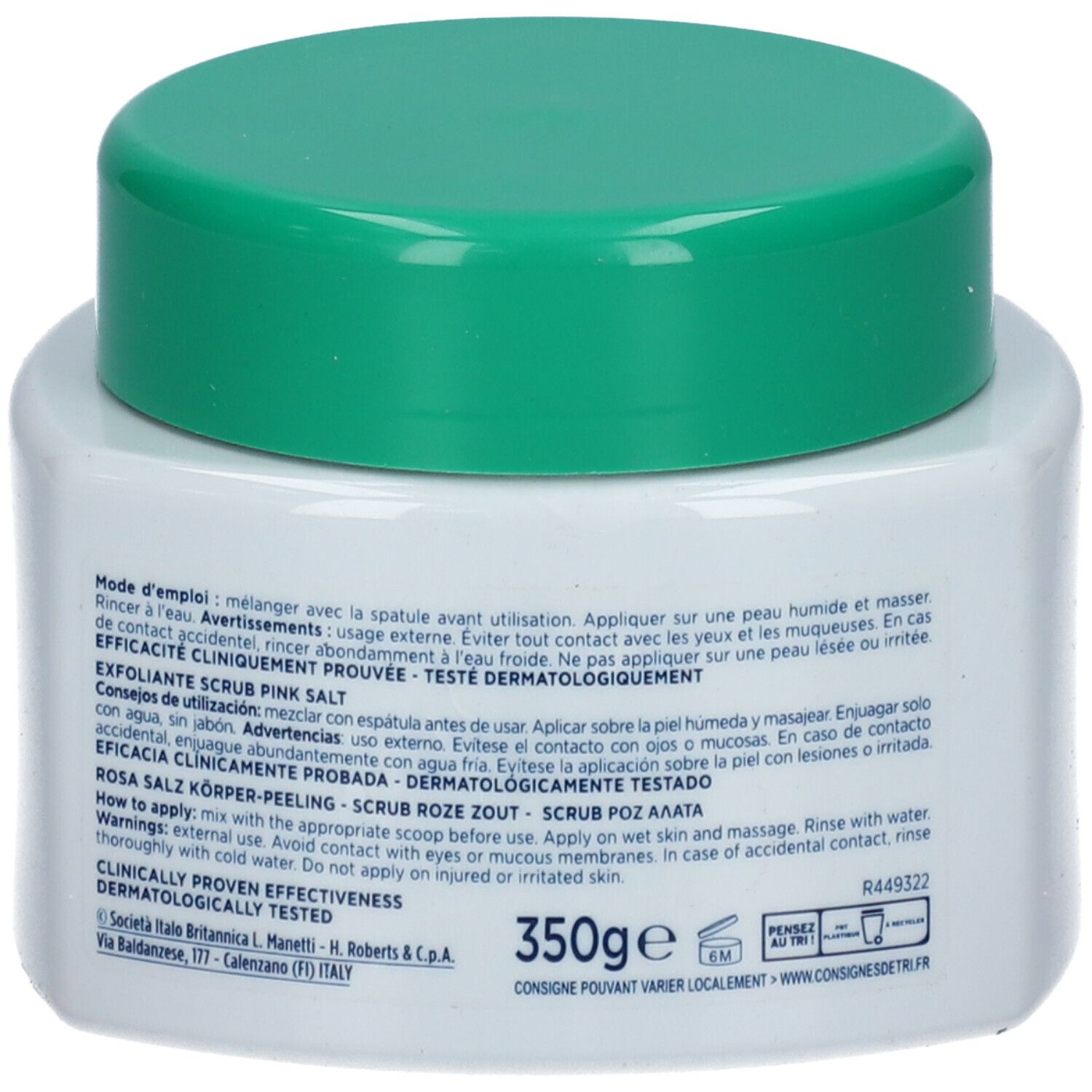 Rückseite eines weißen Tiegels mit grünem Deckel. Text in mehreren Sprachen. Gewicht: 350g.