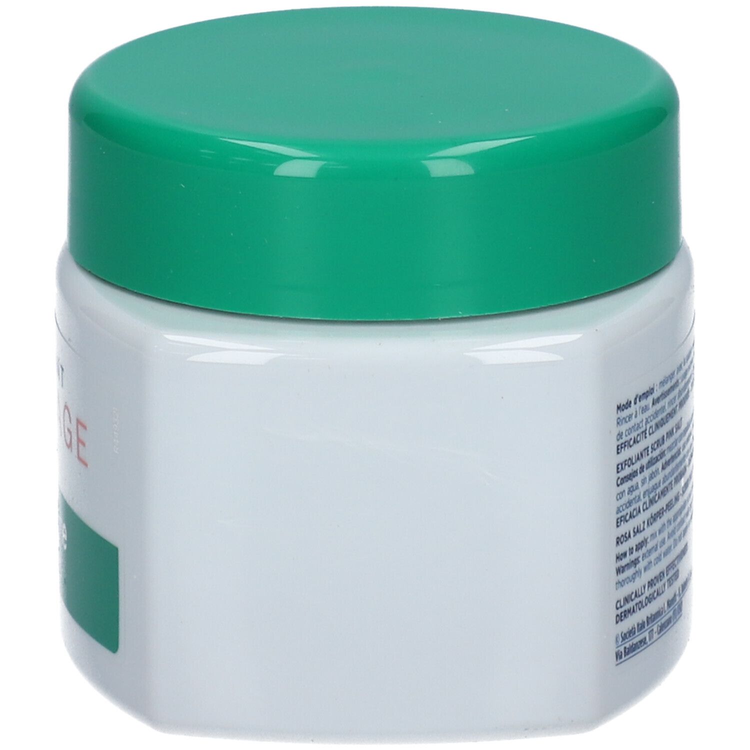 Weißer Tiegel mit grünem Deckel. Seitenansicht. Keine weitere Beschriftung sichtbar.