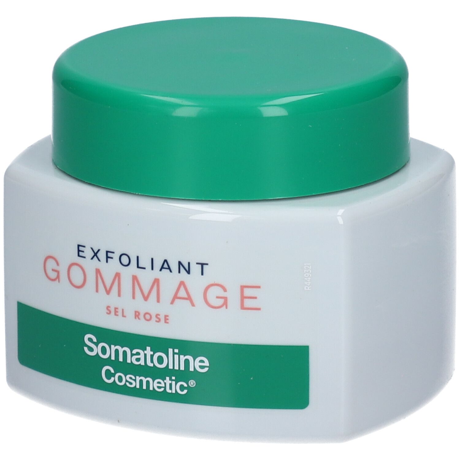 Weißer Tiegel mit grünem Deckel. Aufschrift: EXFOLIANT GOMMAGE SEL ROSE. Marke: Somatoline Cosmetic®.