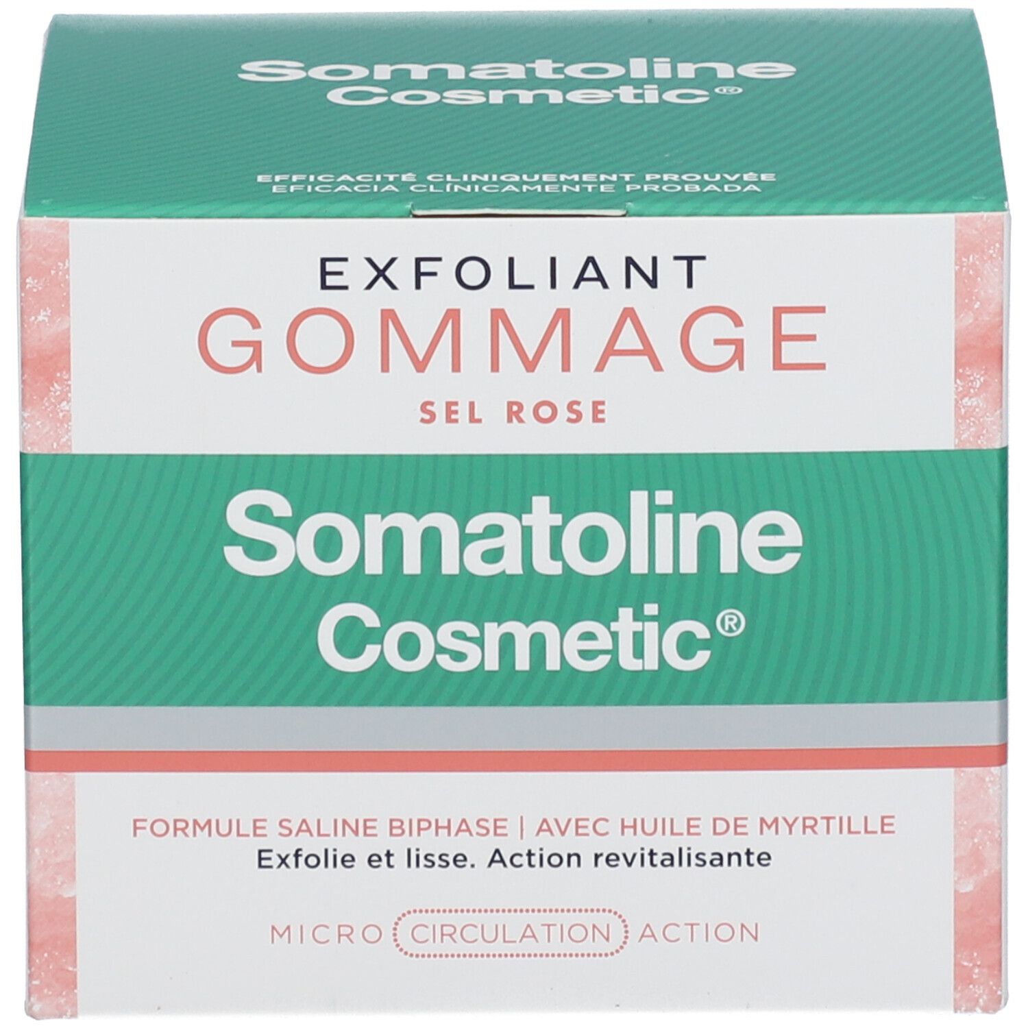 Produktverpackung. Grün-rosa. Aufschrift: EXFOLIANT GOMMAGE SEL ROSE. Marke: Somatoline Cosmetic®.
