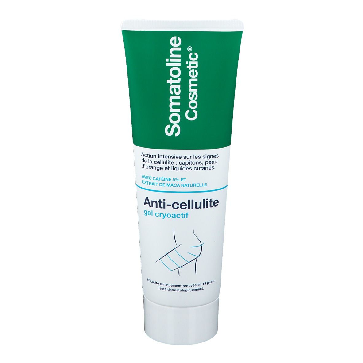 Tube vert et blanc. Inscription: Somatoline Cosmetic, Anti-Cellulite Gel cryoactif. Silhouette schématique.