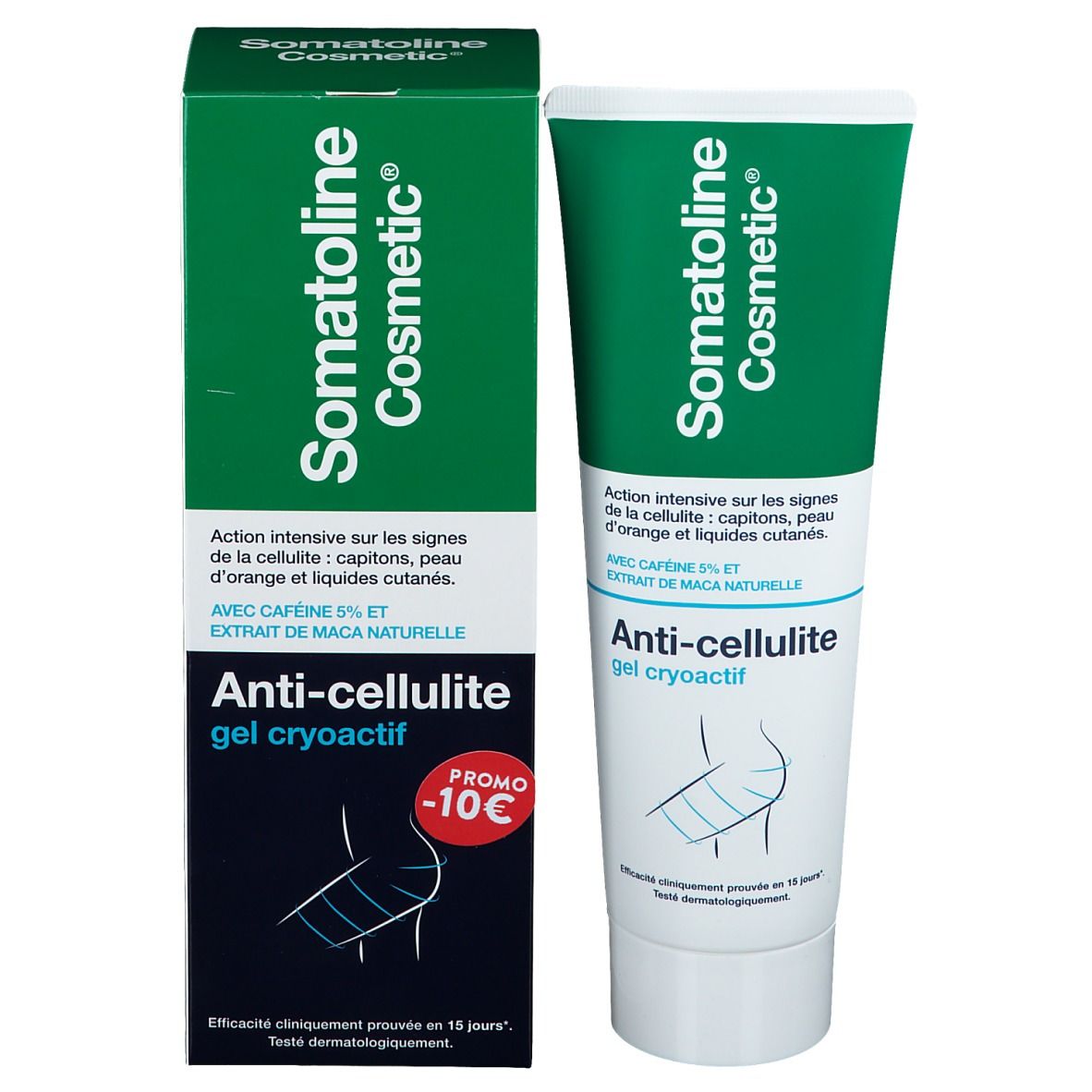 Emballage produit avec tube. Boîte et tube verts. Inscription: Somatoline Cosmetic, Anti-Cellulite Gel. Promo -10%.