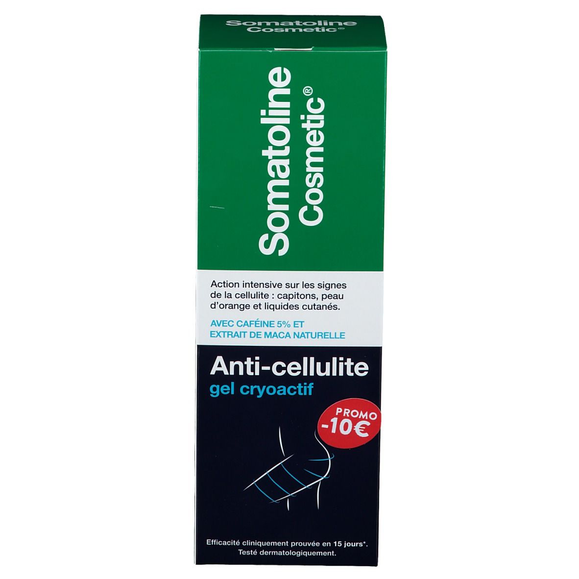 Boîte verte. Inscription: Somatoline Cosmetic, Anti-Cellulite Gel. Promo -10%. Illustration d'une silhouette.