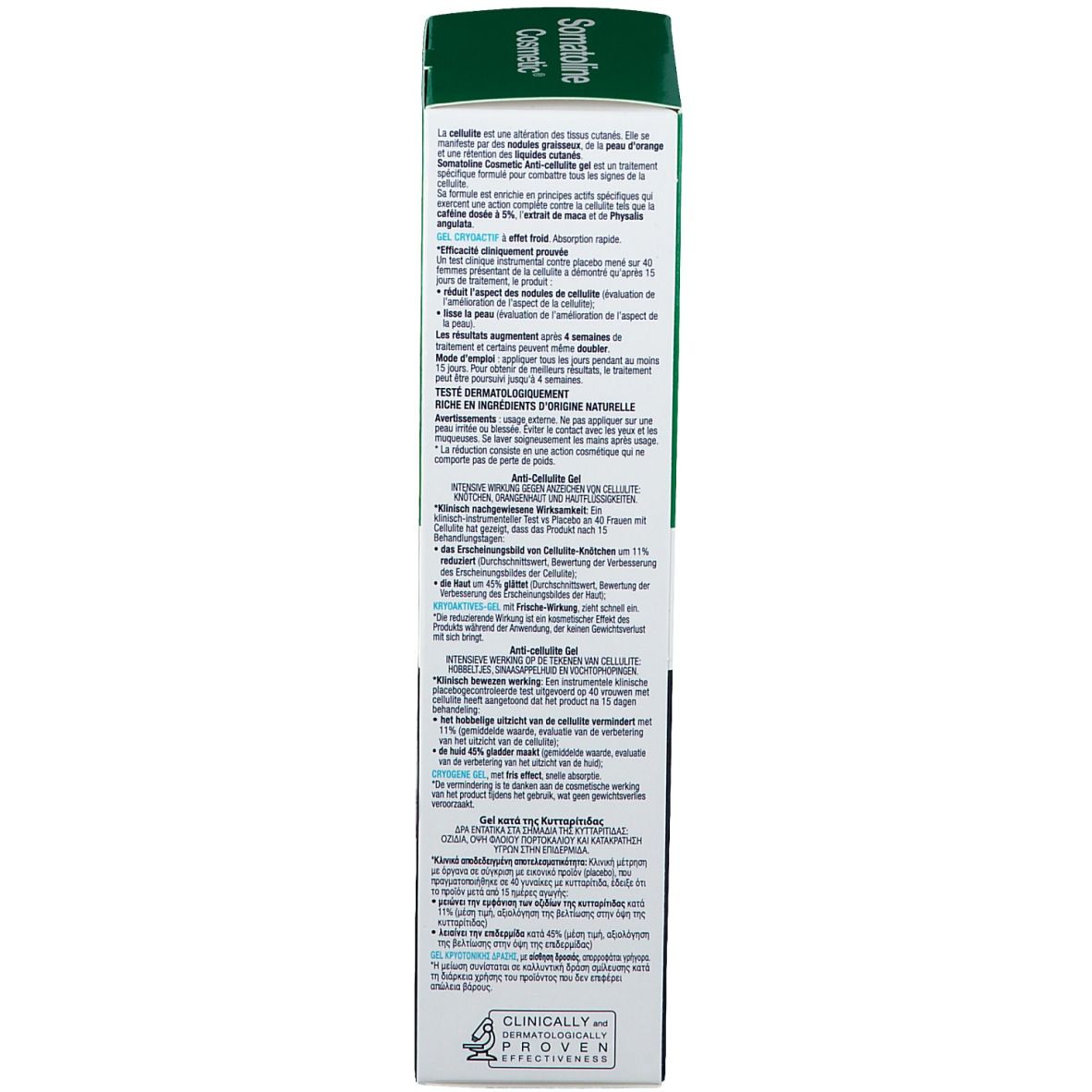 Dos de la boîte verte. Texte multilingue. Informations sur les ingrédients et l'utilisation.