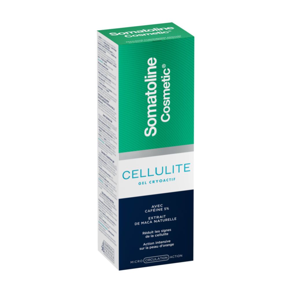 Emballage de gel. Marque Somatoline Cosmetic®. Texte: CELLULITE GEL CRYOACTIF, avec caféine 5%, Extrait de Maca Naturelle.