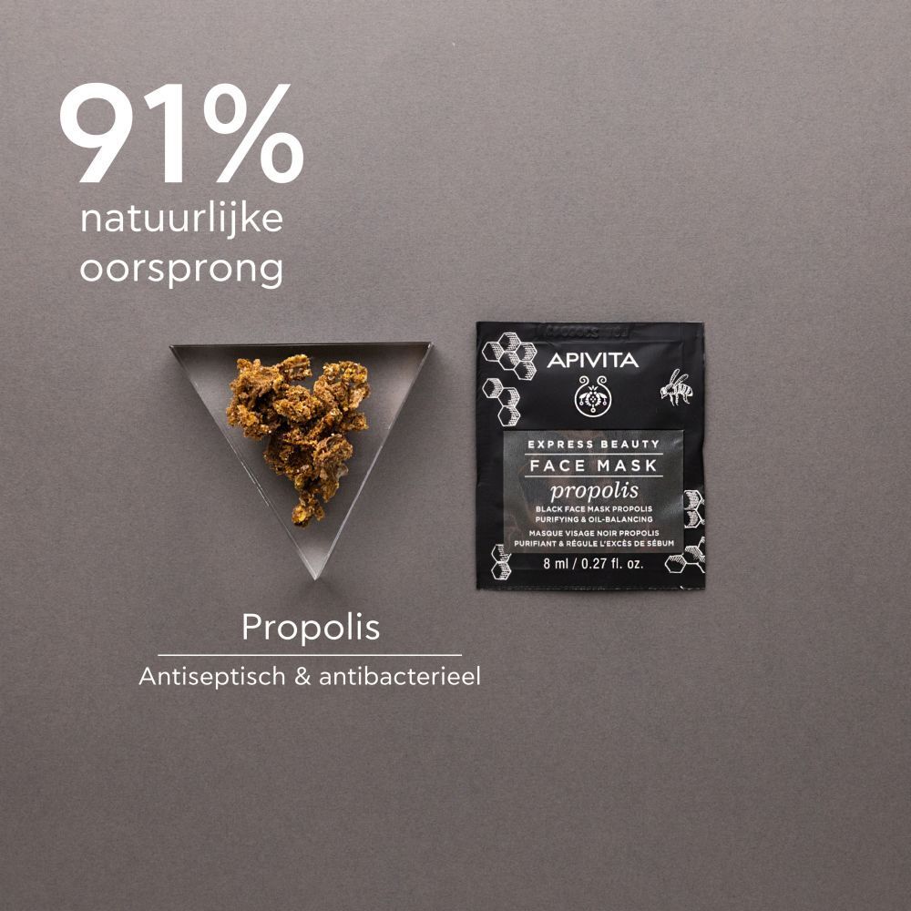Propolis en gezichtsmasker zakje. Opschrift: APIVITA EXPRESS BEAUTY FACE MASK propolis.