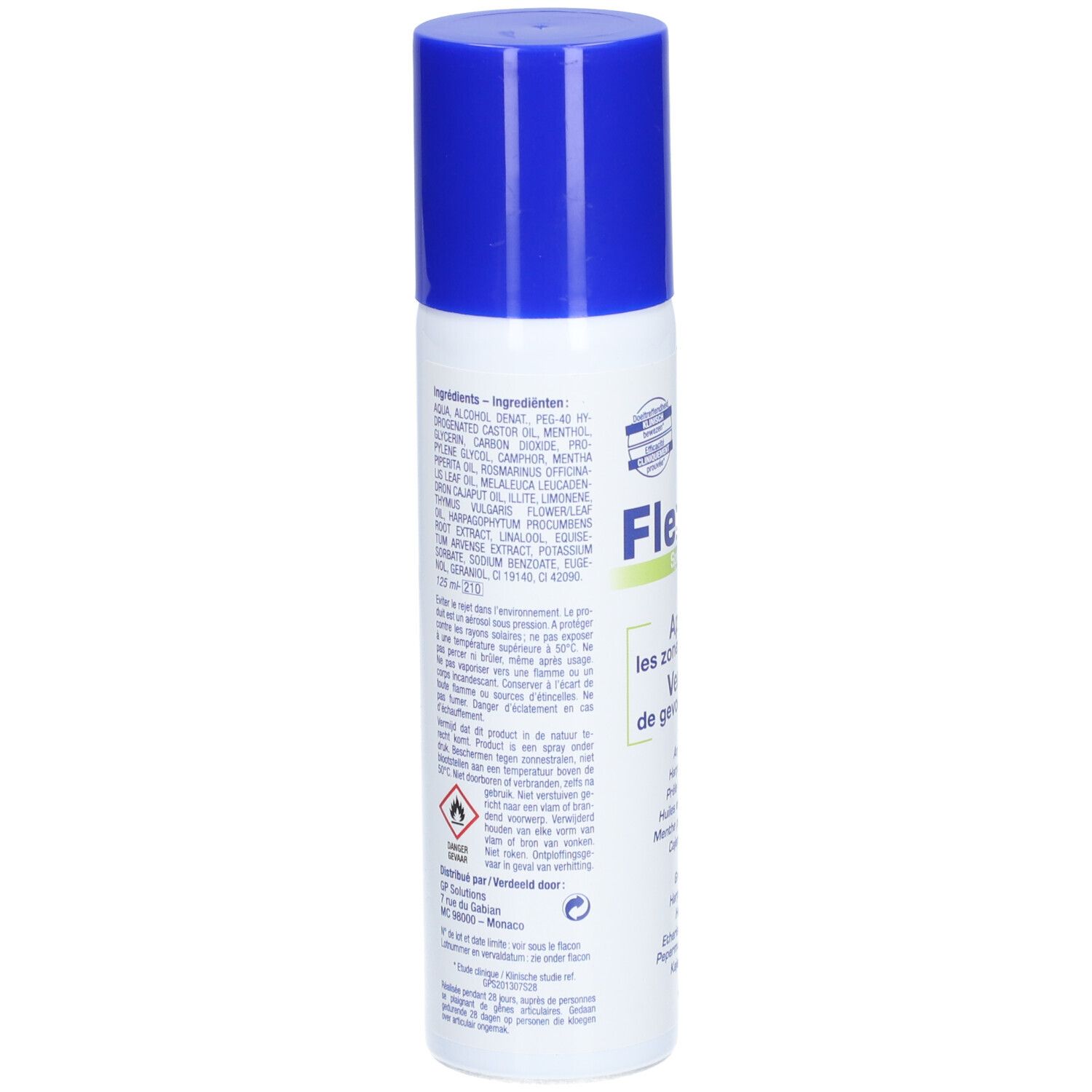 Flexyl7 Spray. Witte spuitfles met blauwe dop. Achterkant met ingrediënten en waarschuwingen. 125 ml.