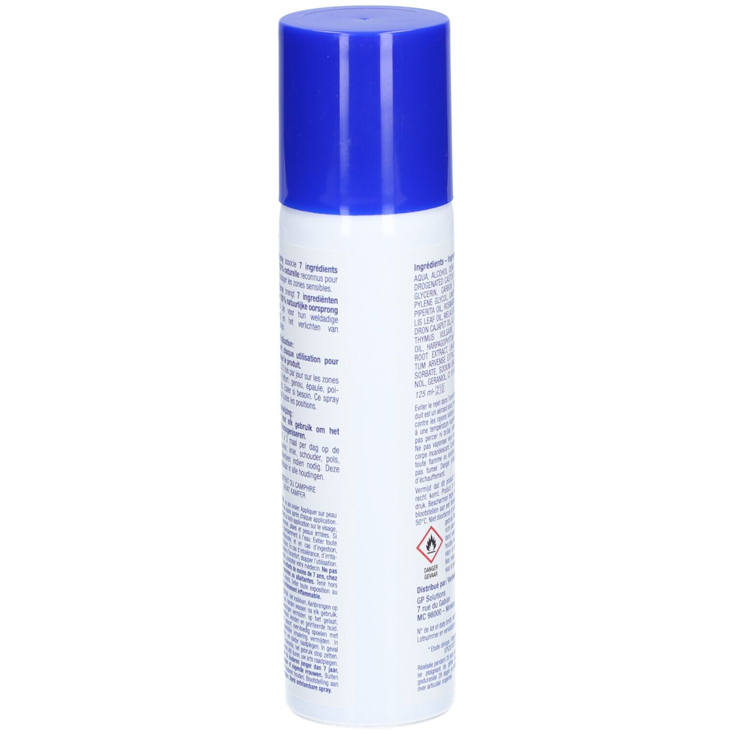 Flexyl7 Spray. Witte spuitfles met blauwe dop. Achterkant met ingrediënten en waarschuwingen. 125 ml.