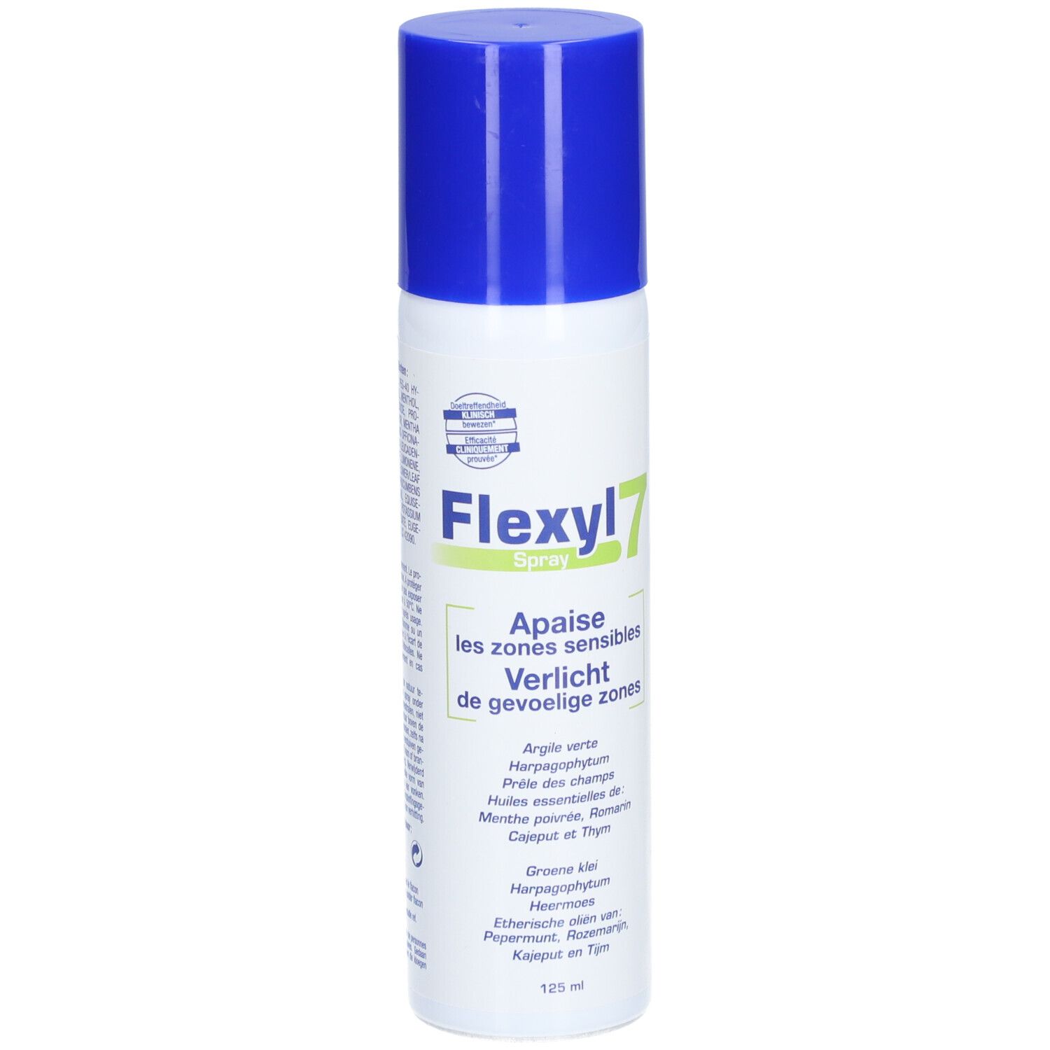 Flexyl7 Spray. Witte spuitfles met blauwe dop. Productnaam en ingrediënten afgedrukt. 125 ml.