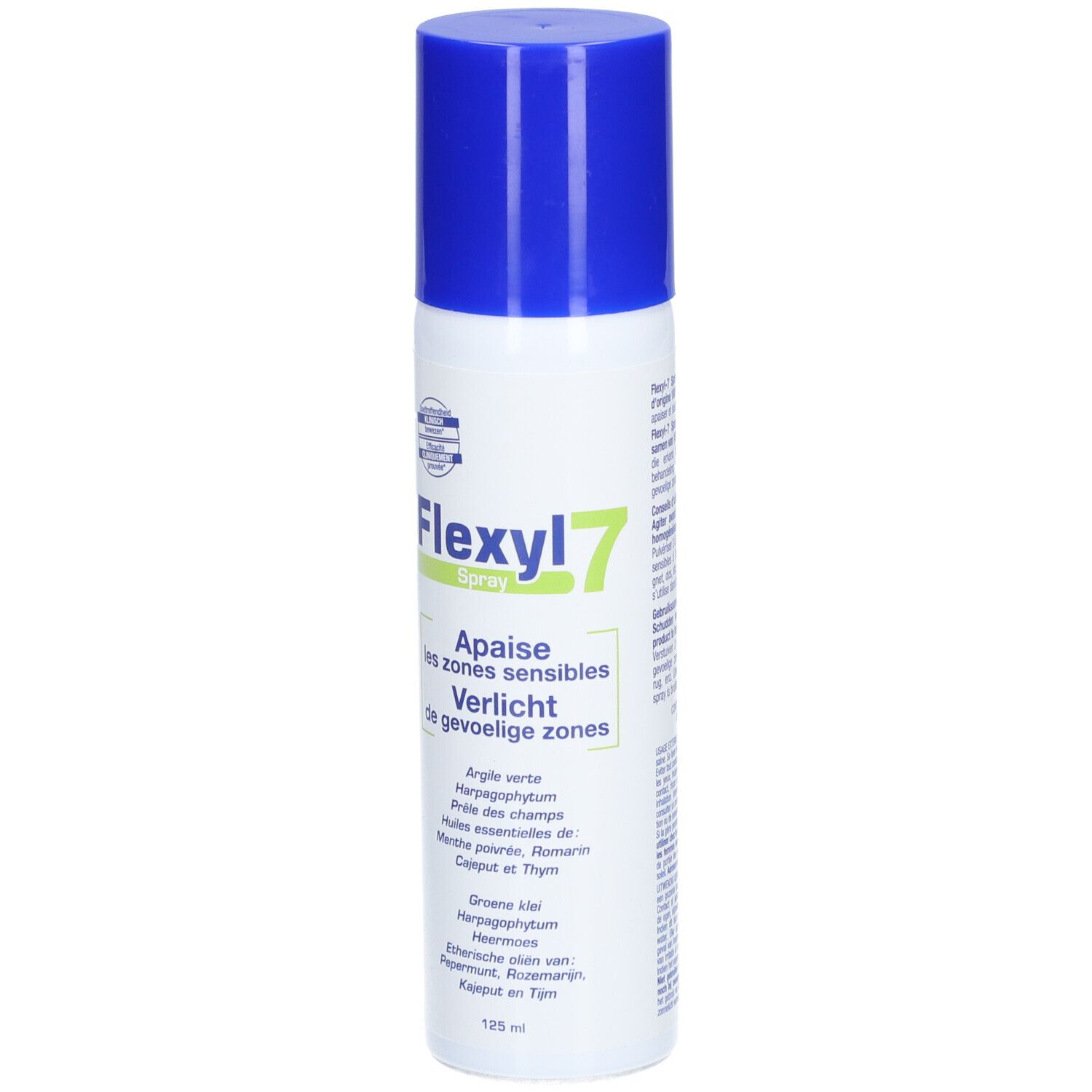 Flexyl7 Spray. Witte spuitfles met blauwe dop. Productnaam en ingrediënten afgedrukt. 125 ml.
