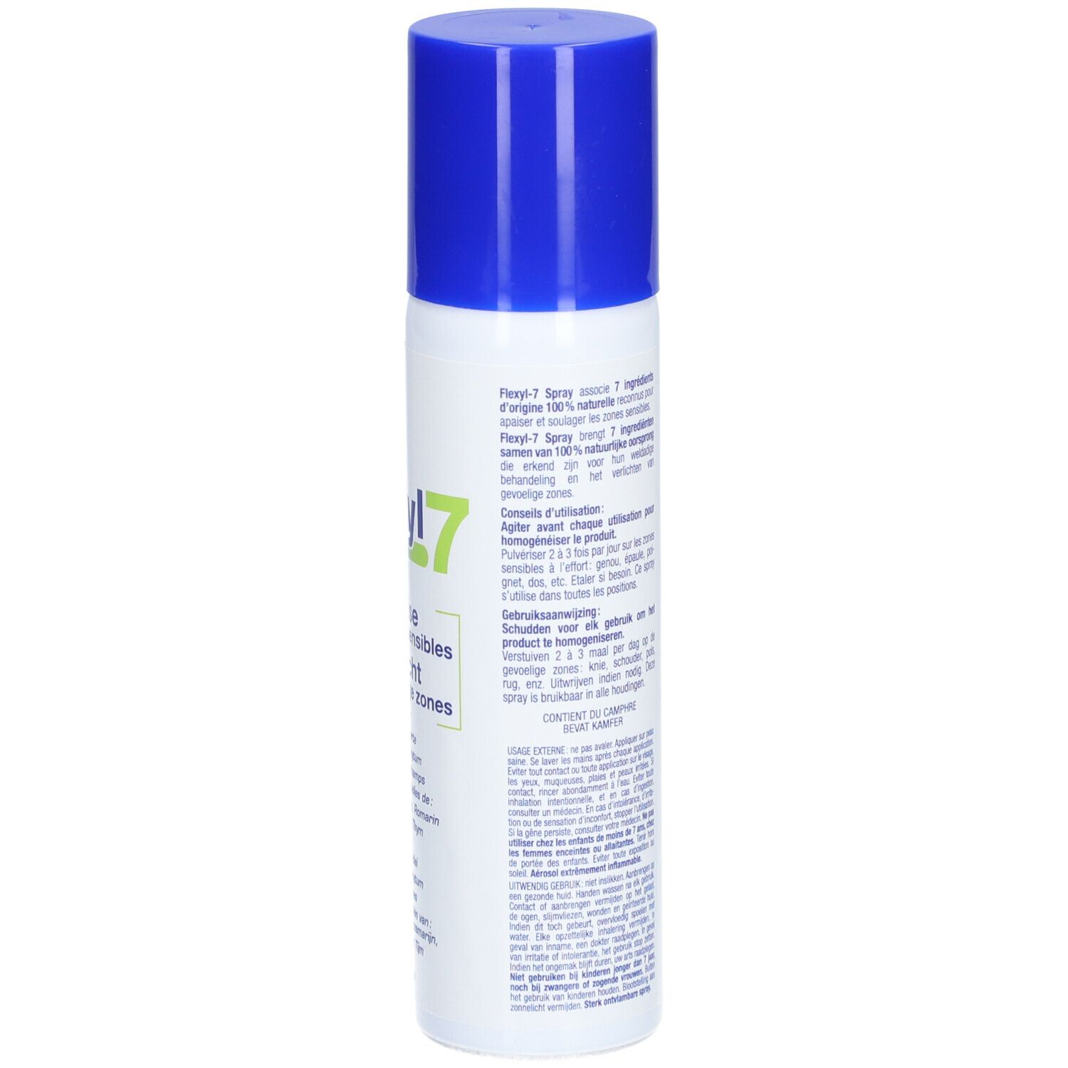 Flexyl7 Spray. Witte spuitfles met blauwe dop. Achterkant met ingrediënten en waarschuwingen. 125 ml.