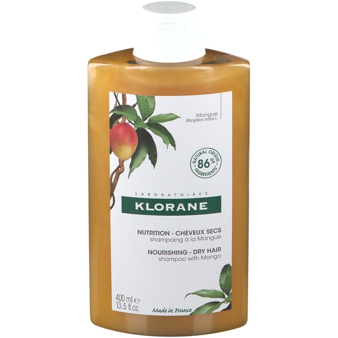 Fles shampoo met mango-afbeelding en tekst. Label met 'KLORANE', 'Nourishing Dry Hair Shampoo'. 86% natuurlijke ingrediënten.